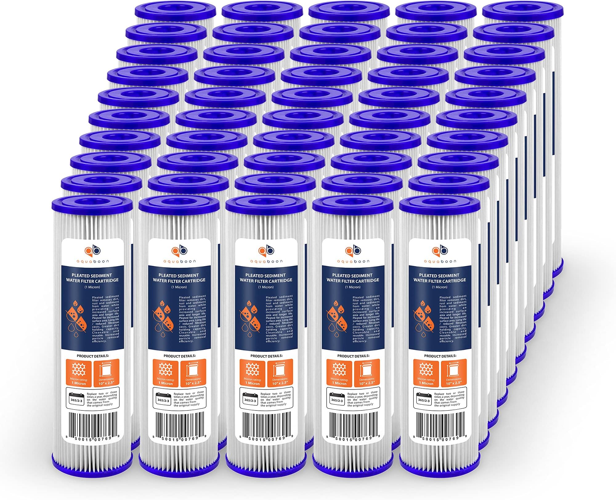 Aquaboon 1 Micron Pleated Water Filter 10 x 2.5 - Whole House Sediment Filter Replacement Cartridge Compatible with WFPFC3002, WHKF-WHPL, 50-Pack