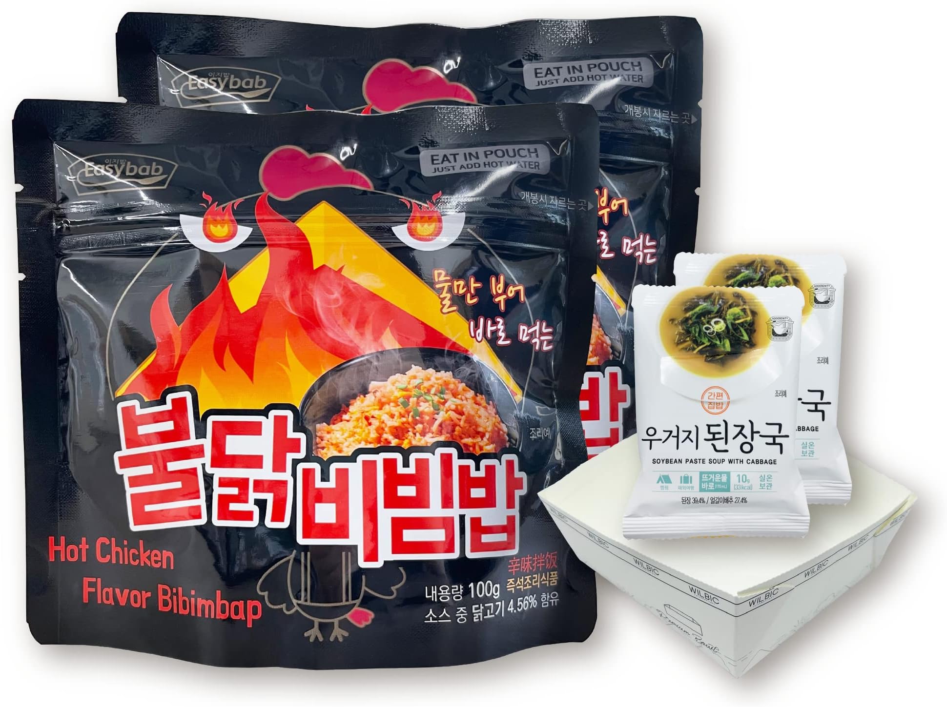(1+1) Korean Perfect MRE - Buldak Bibimbap with soybean paste soup + free Paper Bowl 5pcs for Camping and Outdoor Just Add Hot Water Traditional Local Food of Korea