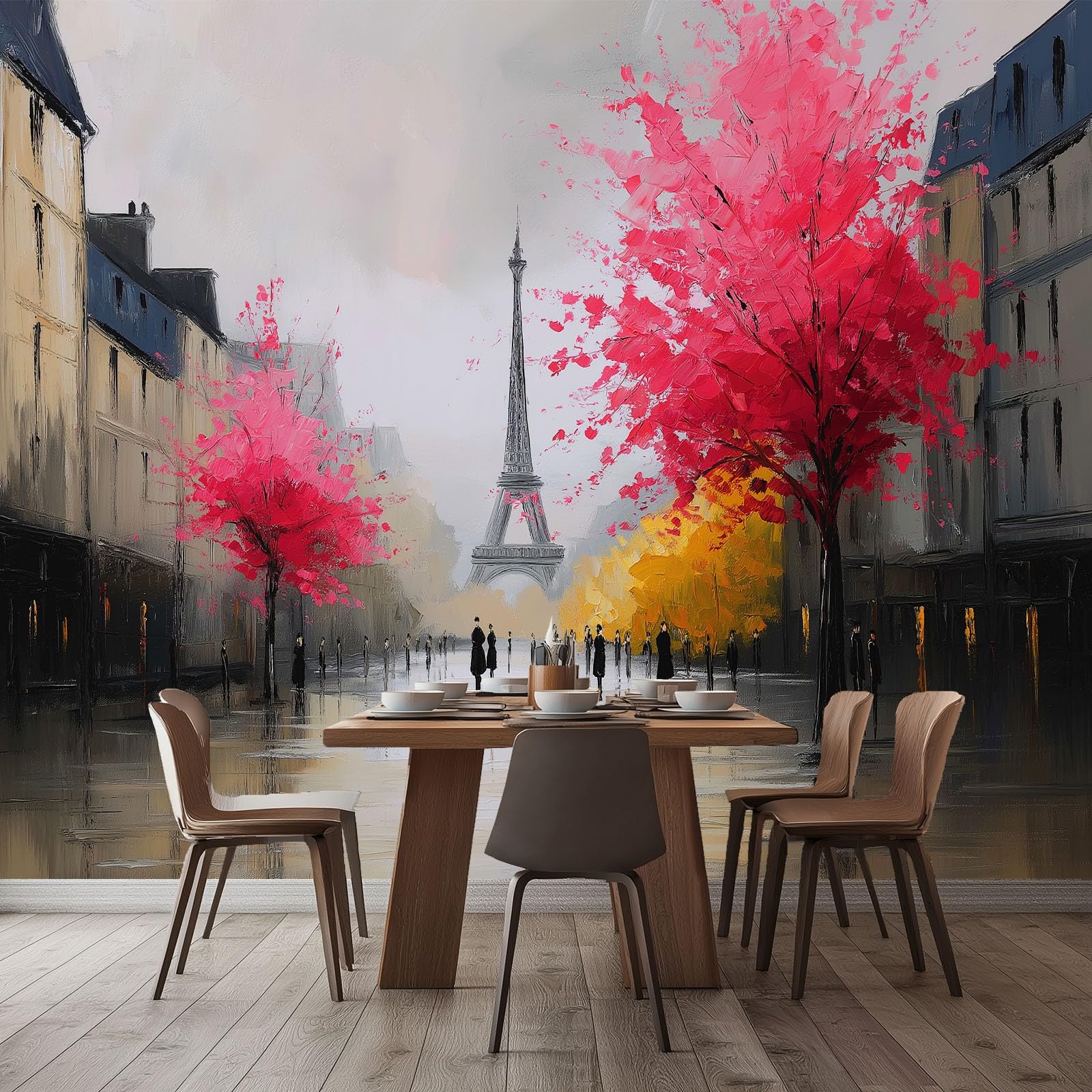 Tapeta 3D Paryż Ulica Kwiaty Drzewa 400x280 cm Plakat Duży Mural Fototapeta, DIY Sztuka ścienna Mural do Salonu Sypialni Biura Wystrój Domu