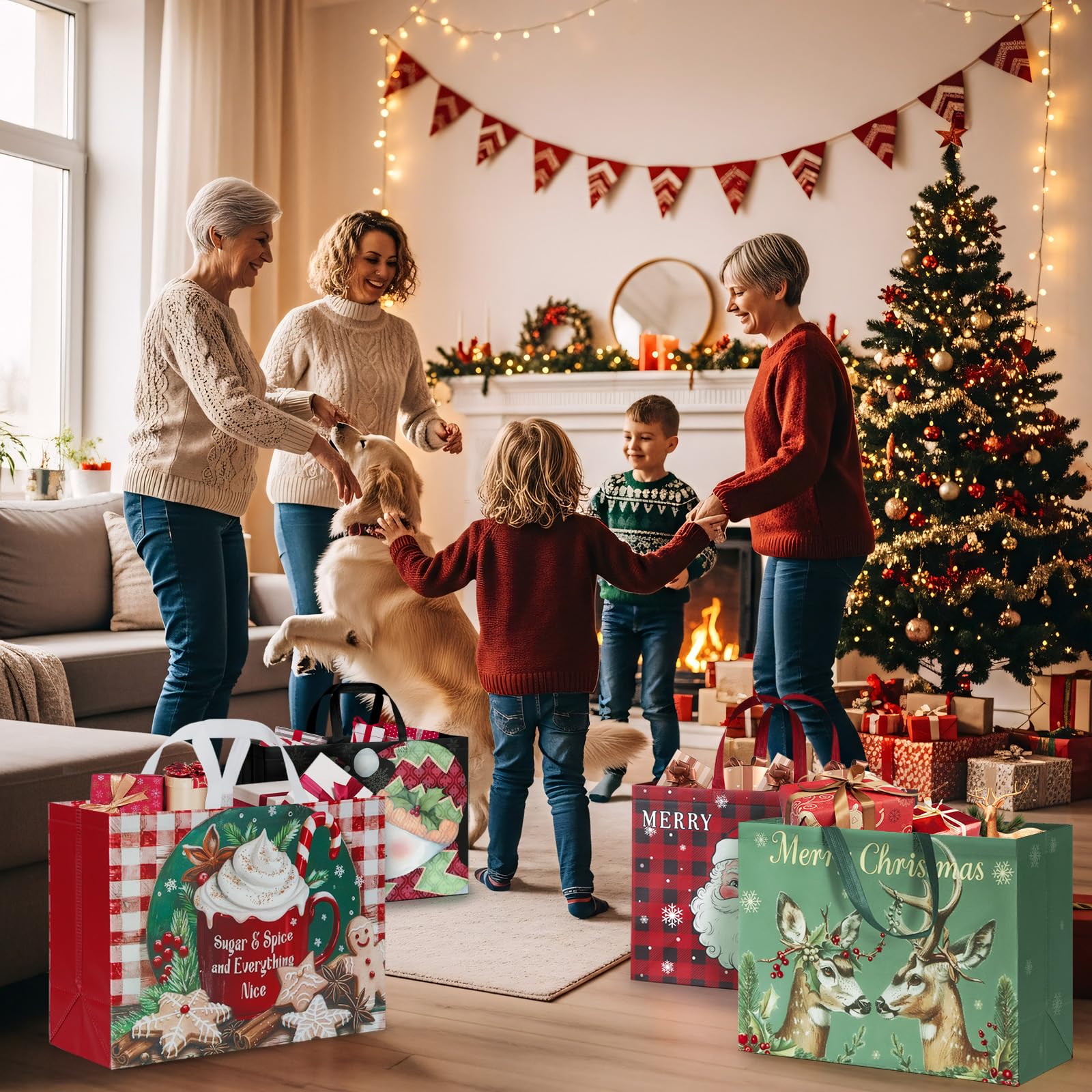 STYPOP Lot de 12 sacs cadeaux de Noël extra larges de 43,2 cm, sacs fourre-tout réutilisables en non-tissé avec poignées, parfaits pour l'emballage cadeau de Noël/fournitures de fête, 42,9 x 32 x 17,3