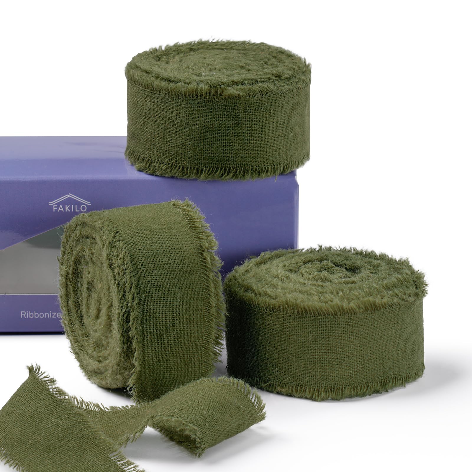 FAKILO Natural Rustic Cotton Ribbon with Frayed Edge,100% Cotton Ribbon Leaf Green 1"x 18yds for Vintage Wedding Bouquets,Invitations,Baby Shower,Gift Wrapping,DIY Crafts,Home Decor