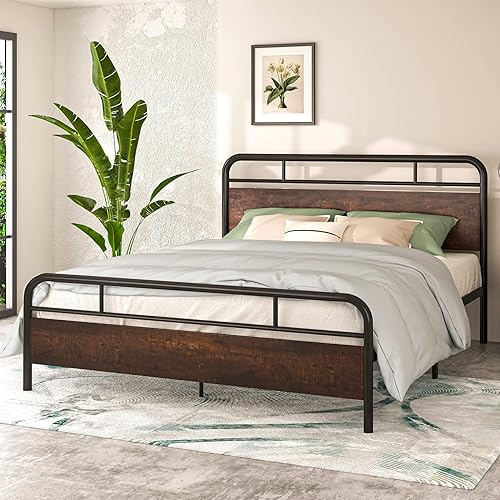 IMUsee Base de cama matrimonial con cabecera de madera industrial almacenamiento debajo de la cama base de colchón no necesita somier fácil montaje