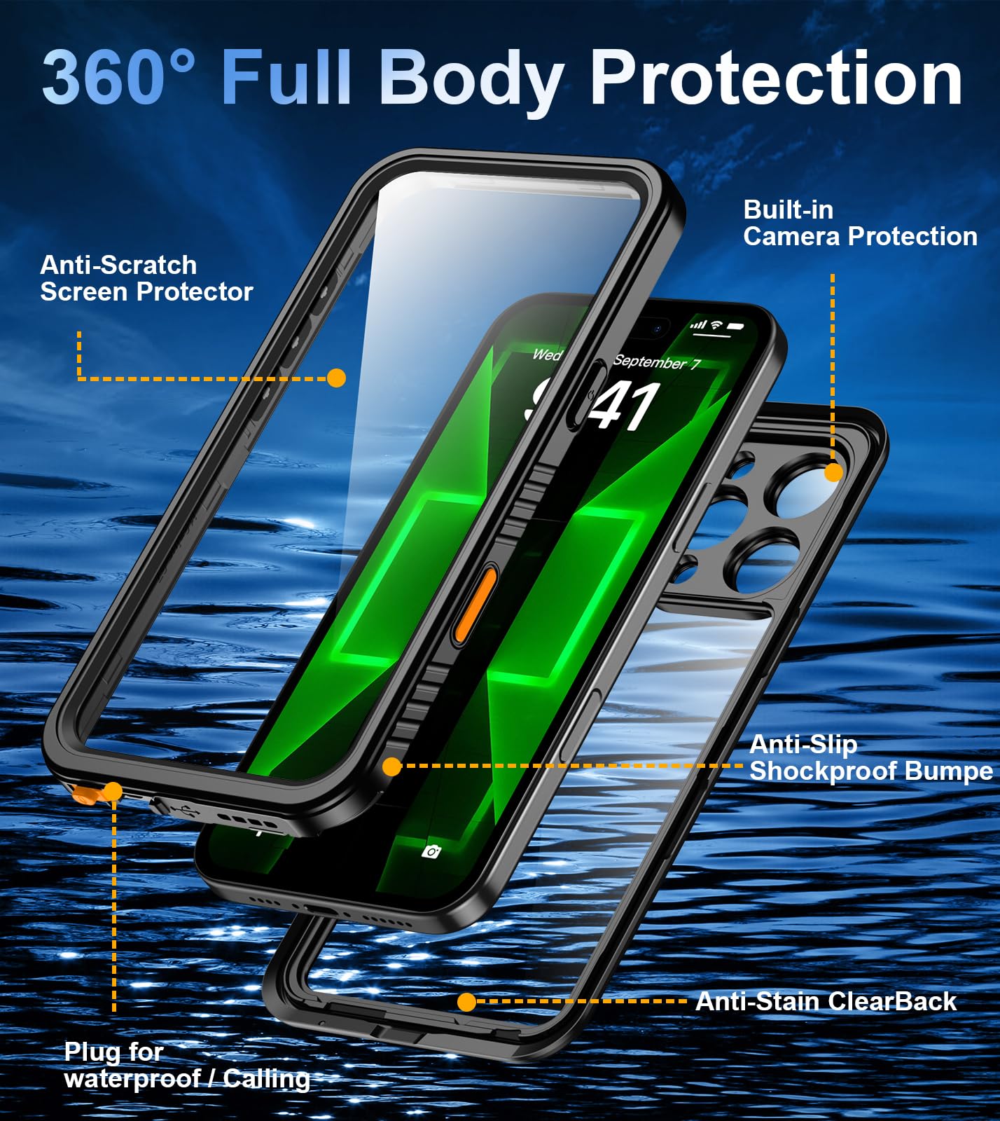 Oneagle Funda impermeable para iPhone 16 Pro Max, protector de pantalla integrado, IP68 bajo el agua, 12 pies, grado militar, a prueba de golpes, a prueba de polvo, cuerpo completo de 360°, funda