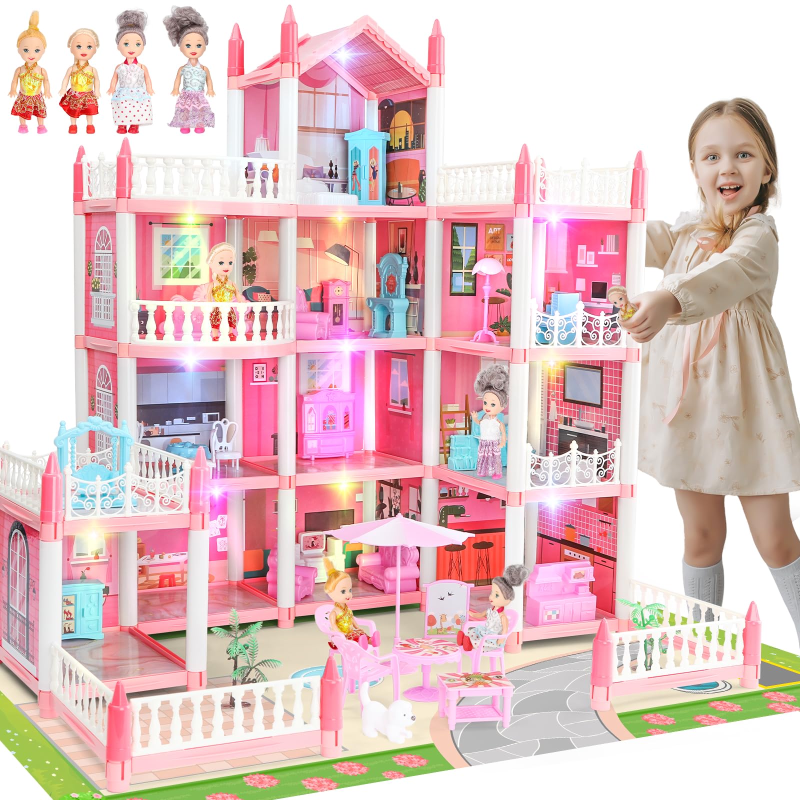 ROBUD Casa delle bambole in legno luci,3 piani, inclusi mobili e scale, giocattoli per bambini dai 3 anni in su