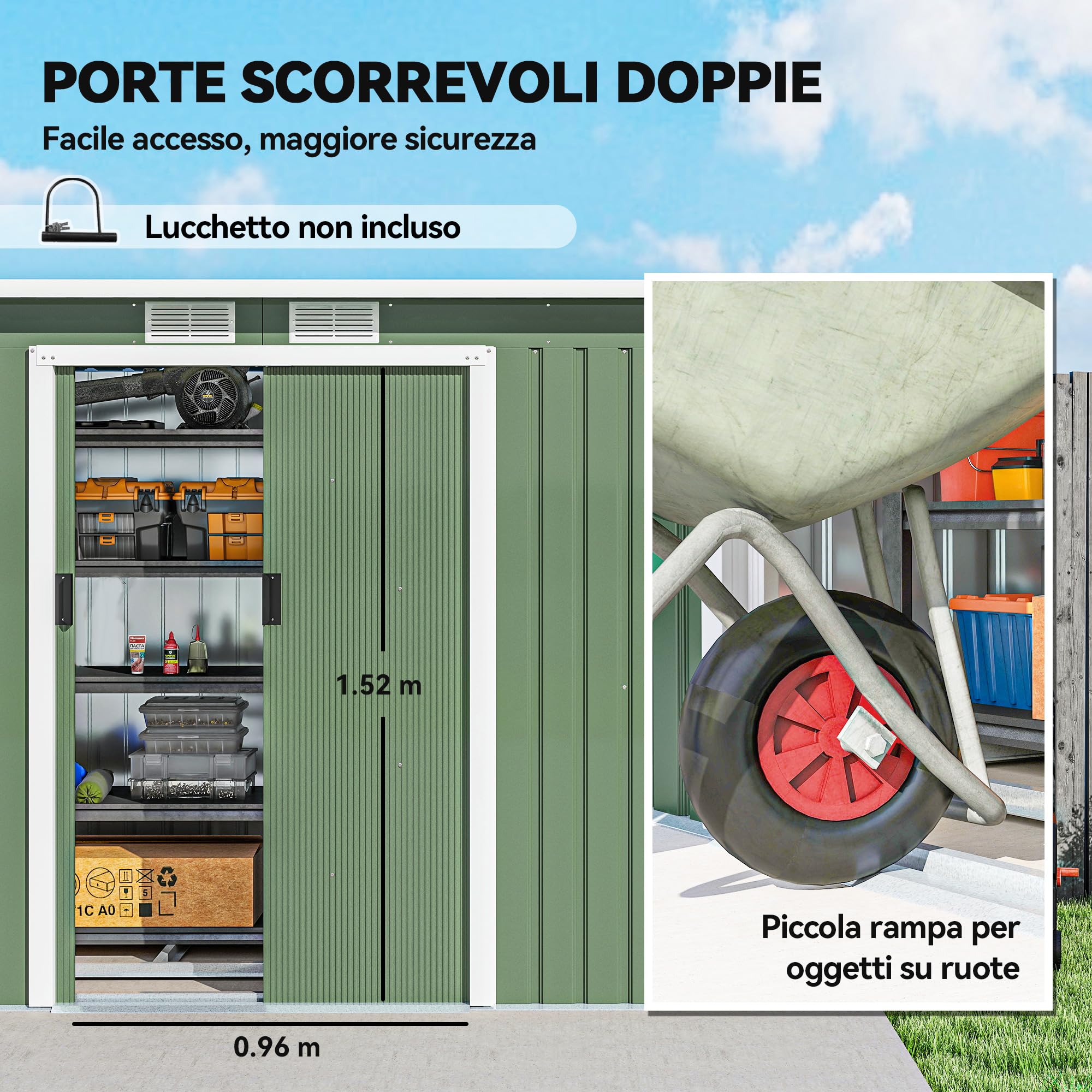 Outsunny Casetta da Giardino 3.2m² in Acciaio Zincato con Kit Fondazione, Prese d'Aria, Capanno Porta Attrezzi con Tetto Inclinato, Doppia Porta Scorrevole Bloccabile, Verde Chiaro