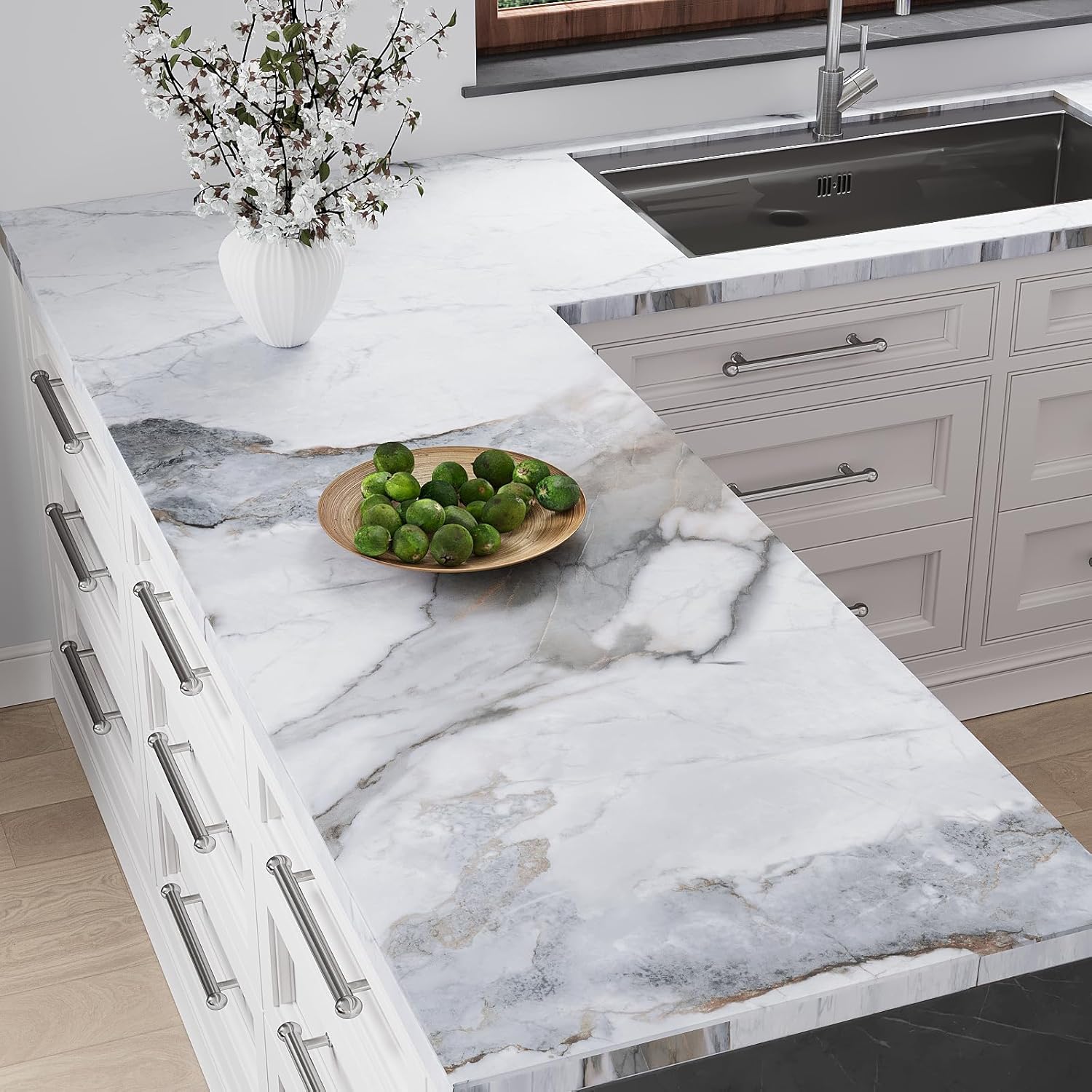 VEELIKE 15.7''x354'' Matte Slate White Marble Countertop Contact Paper Counter Top Peel and Stick Waterproof Marble Contact Paper for Kitchen Countertops Peel and Stick Marble Wallpaper for Walls Desk