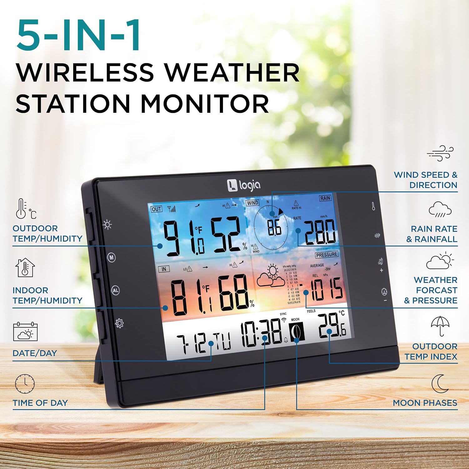 Logia 5-in-1 weather station indoor console display with various data points labeled.