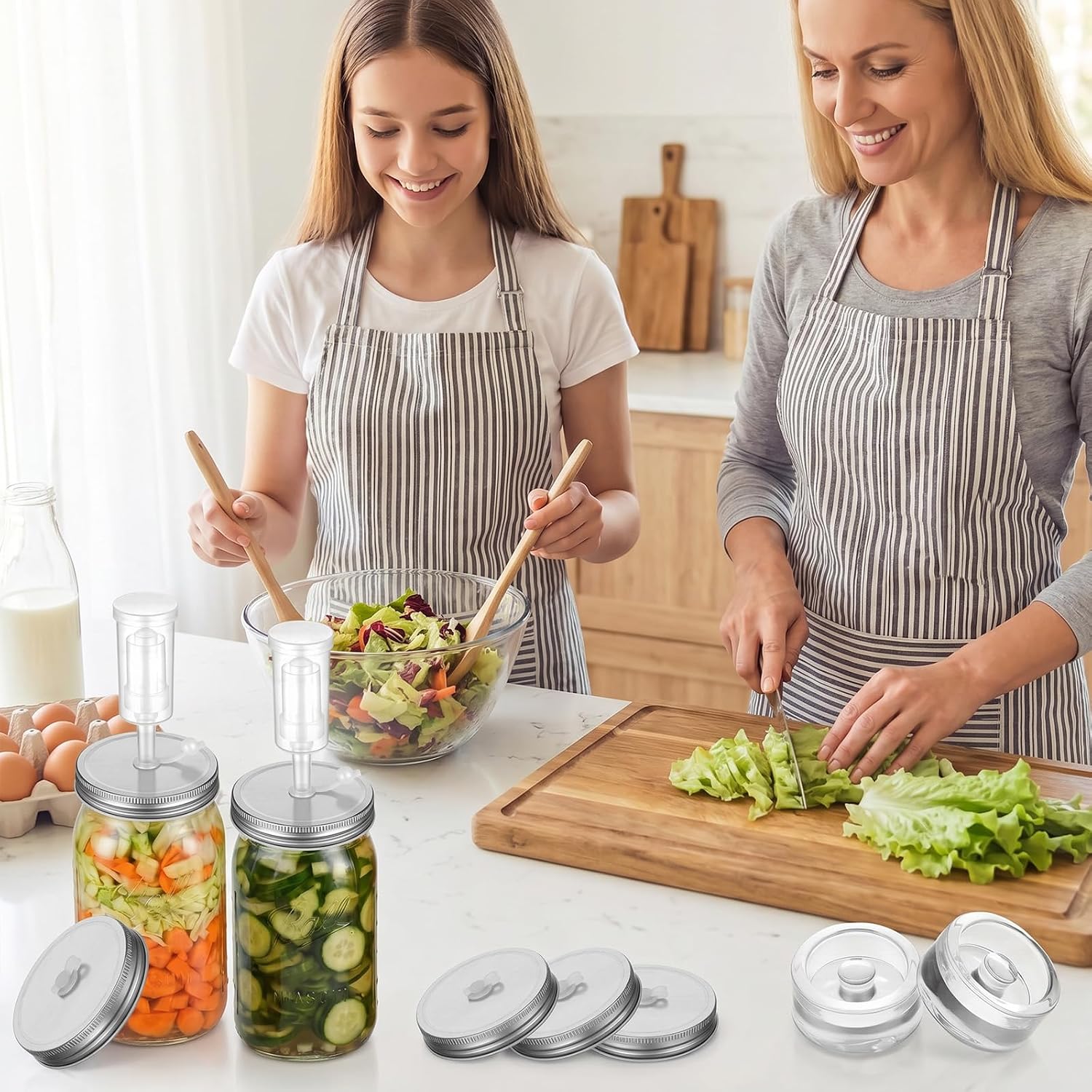Fermentation Kit for Wide Mouth Mason fermentation Jars, 4 Stainless Steel Fermentation Lids, 4 Glass Fermentation Weights, 1 Silicone Tong, 1 Sauerkraut Pound, 1 Wooden Handle Brush Cleaner