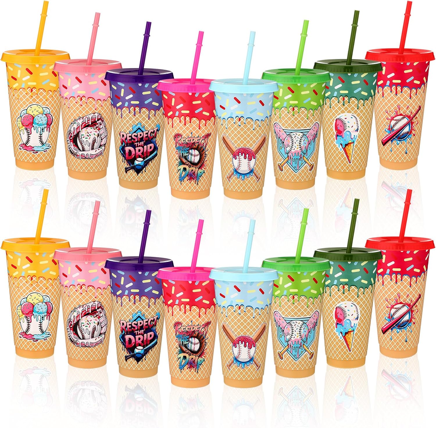 24 Sets Senior Night Softball Ice Cream Drip Party Favors Gifts for Team Bulk 24oz Reusable Tumblers with Lids Straws Softball Plastic Cups Summer Birthday Graduation Party Supplies