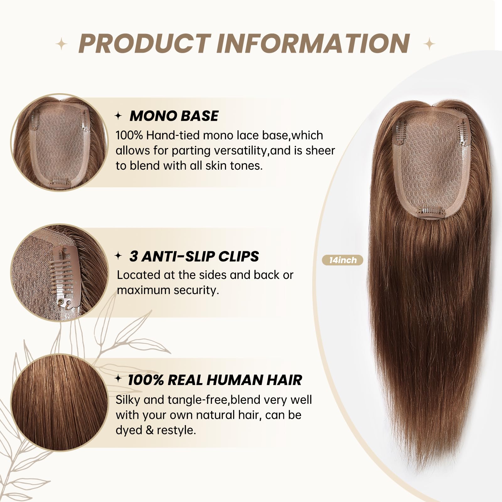 Hand-Tied Mono Topper for Thinning Hair, 100% Human Hair, Glueless Lightweight DWY 100% Human Hair Toppers for Women,Lace Front Mono Top  main image 4