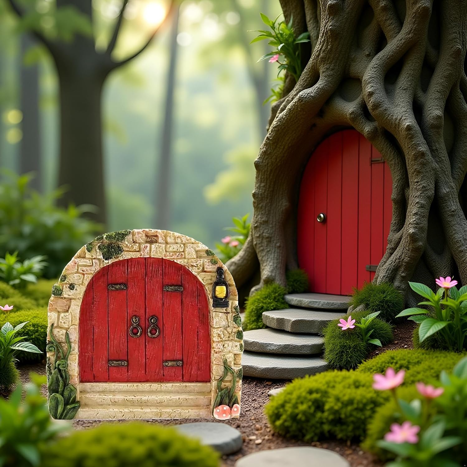 Jinshining Red Mini Fairy Garden Door for Tree, 3D Miniature Fairy Door for Fairytale Tiny House Doors, Bonsai Terrarium Micro Landscape Decoration Accessories Garden Miniatures