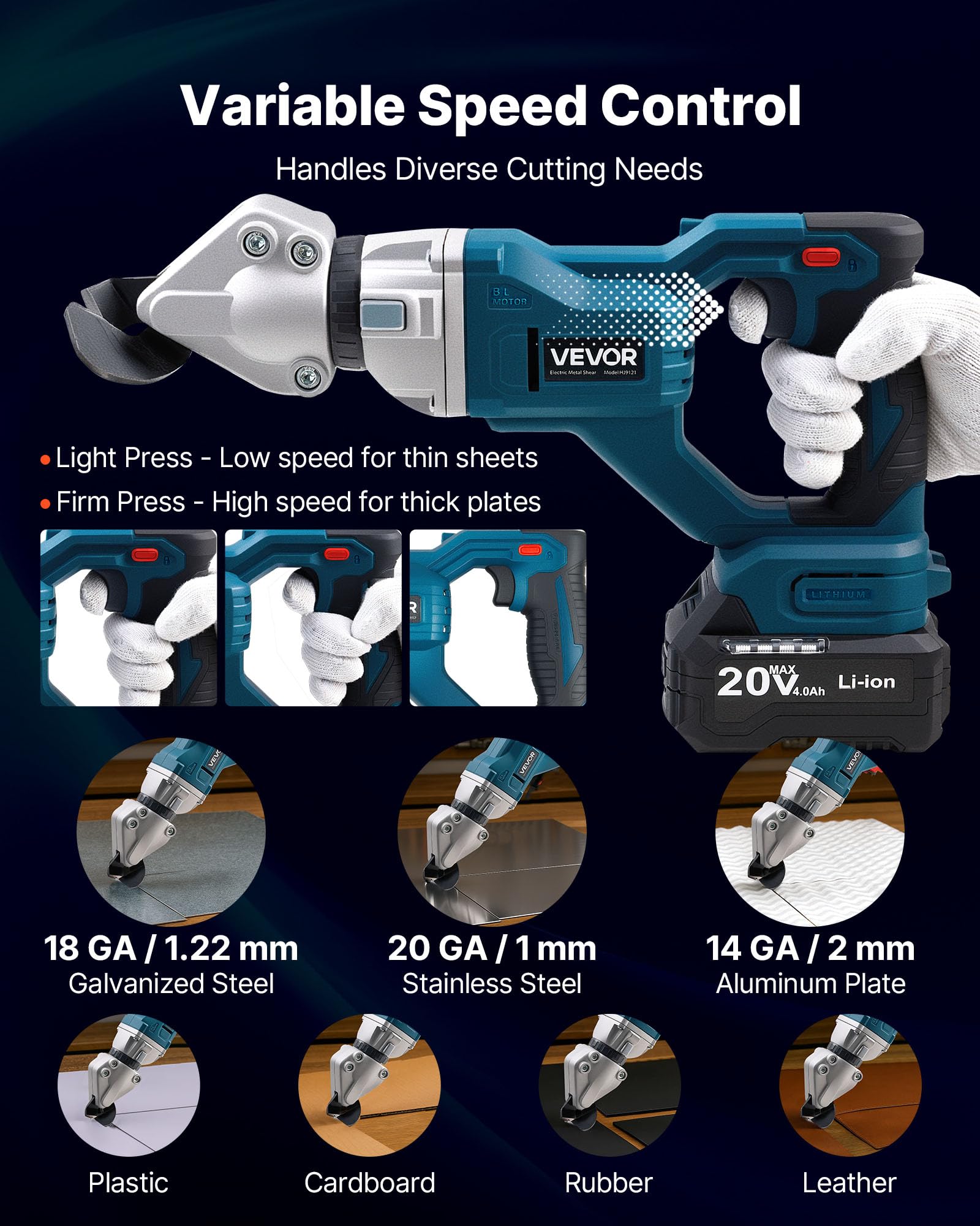 VEVOR Cisaille à Tôle Électrique, 20 V CC, Cisaille à Métaux sans Fil avec Tête Pivotante 360°, Double Lame, pour Acier Galvanisé 1,22 mm, Acier Inoxydable 1 mm, Aluminium, Plastique, Carton, 2800 SPM