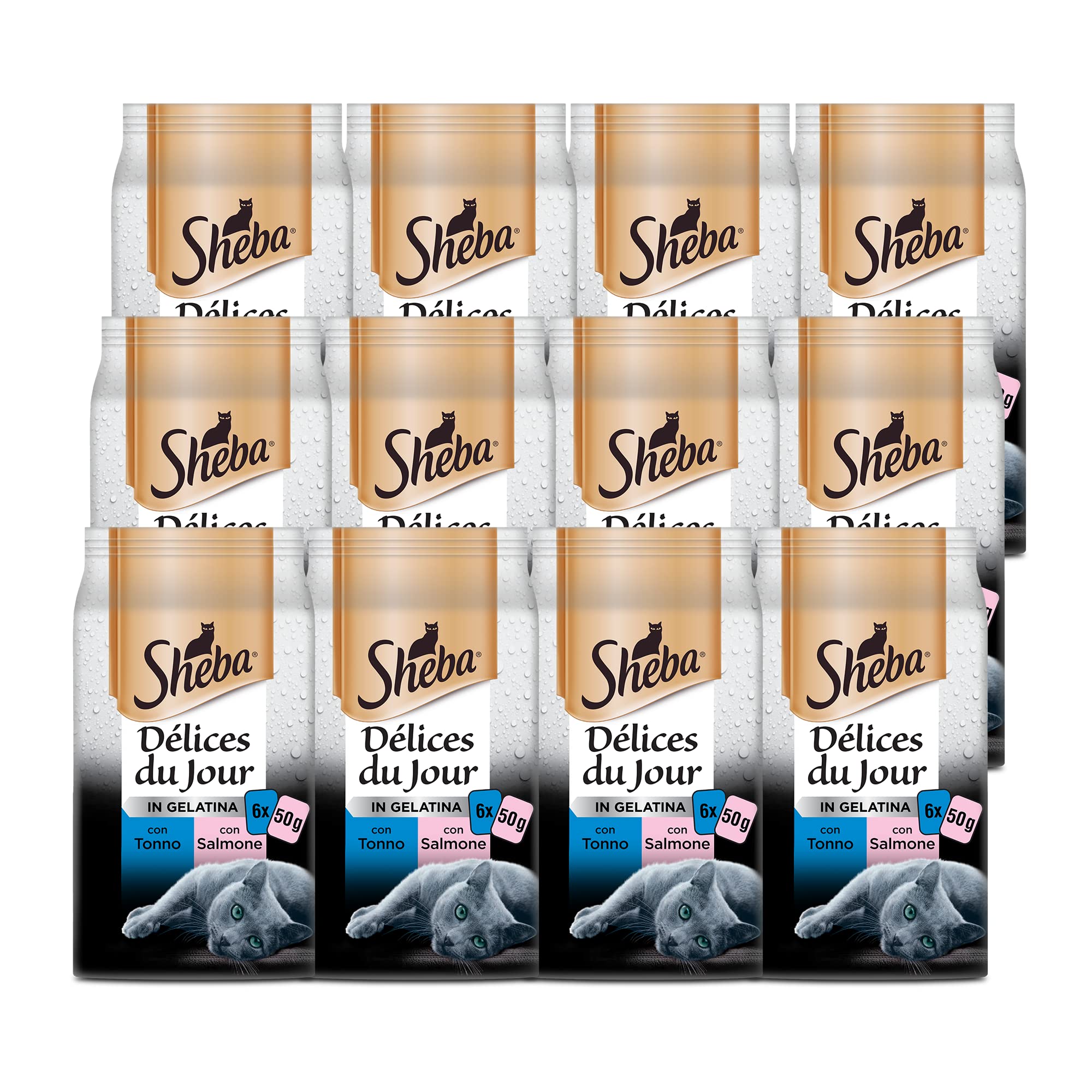 Sheba Délice Du Jour Cibo Umido per Gatti, al gusto di Tonno e Salmone in Gelatina, 12 Confezioni da 6 Bustine x 50 g ognuna , Totale: 3600 g