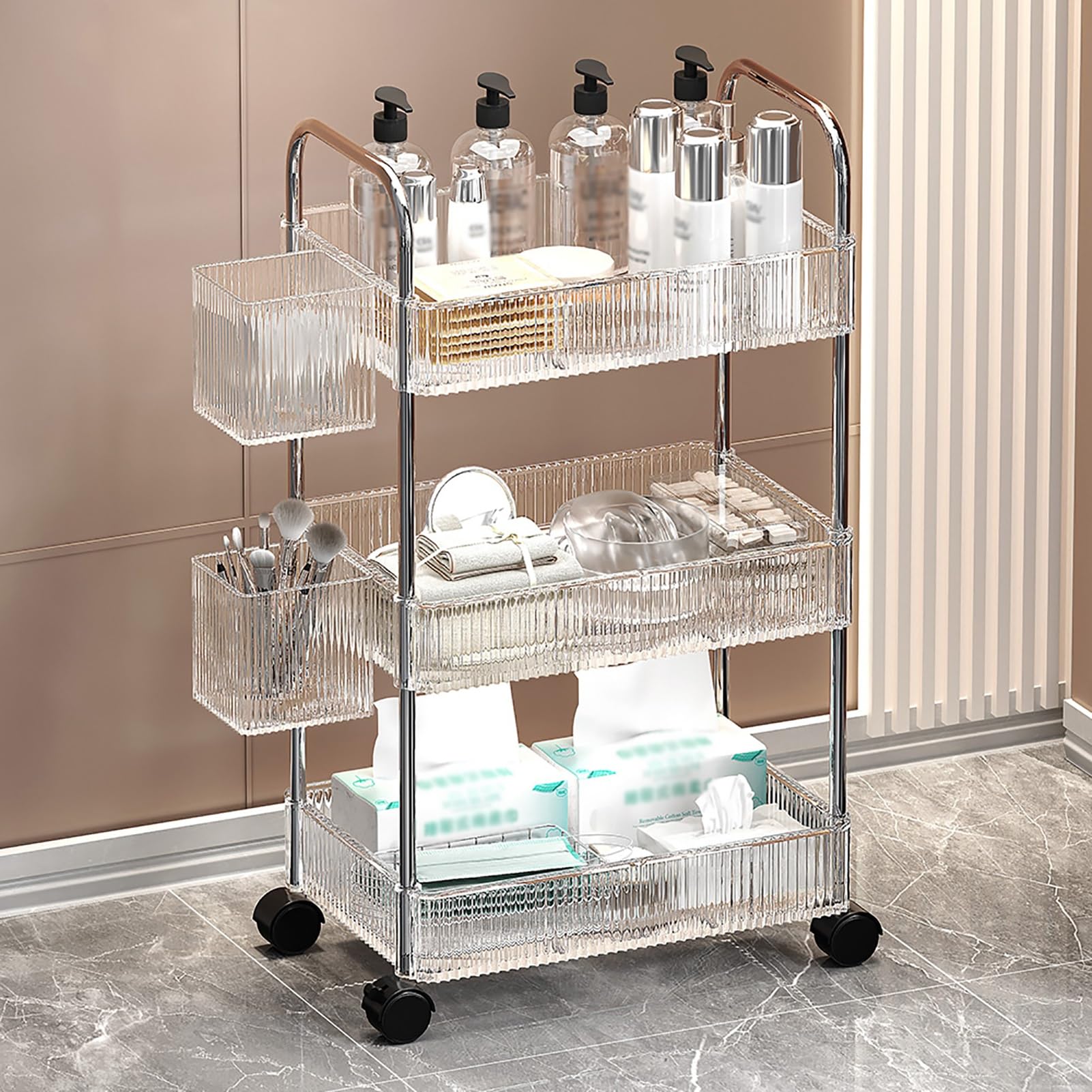 Carrito de Esteticista Carrito Peluqueria Carrito Auxiliar con Ruedas Carrito de Maquillaje Carrito de Belleza Carrito Organizador Carro Almacenaje(Clear)