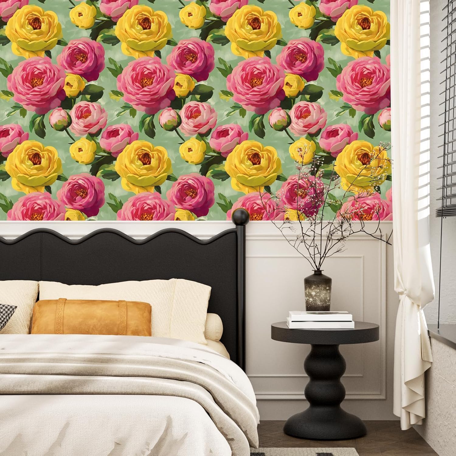 BOKEBEVE Extra Long Pink Floral Wallpaper Stick Peel Large Print Flowers Contact Paper Vibrant Colorful Wall Paper for Accent Walls Cabinet Modern Boho Removable Renter Friendly 17.5 x 393.5In