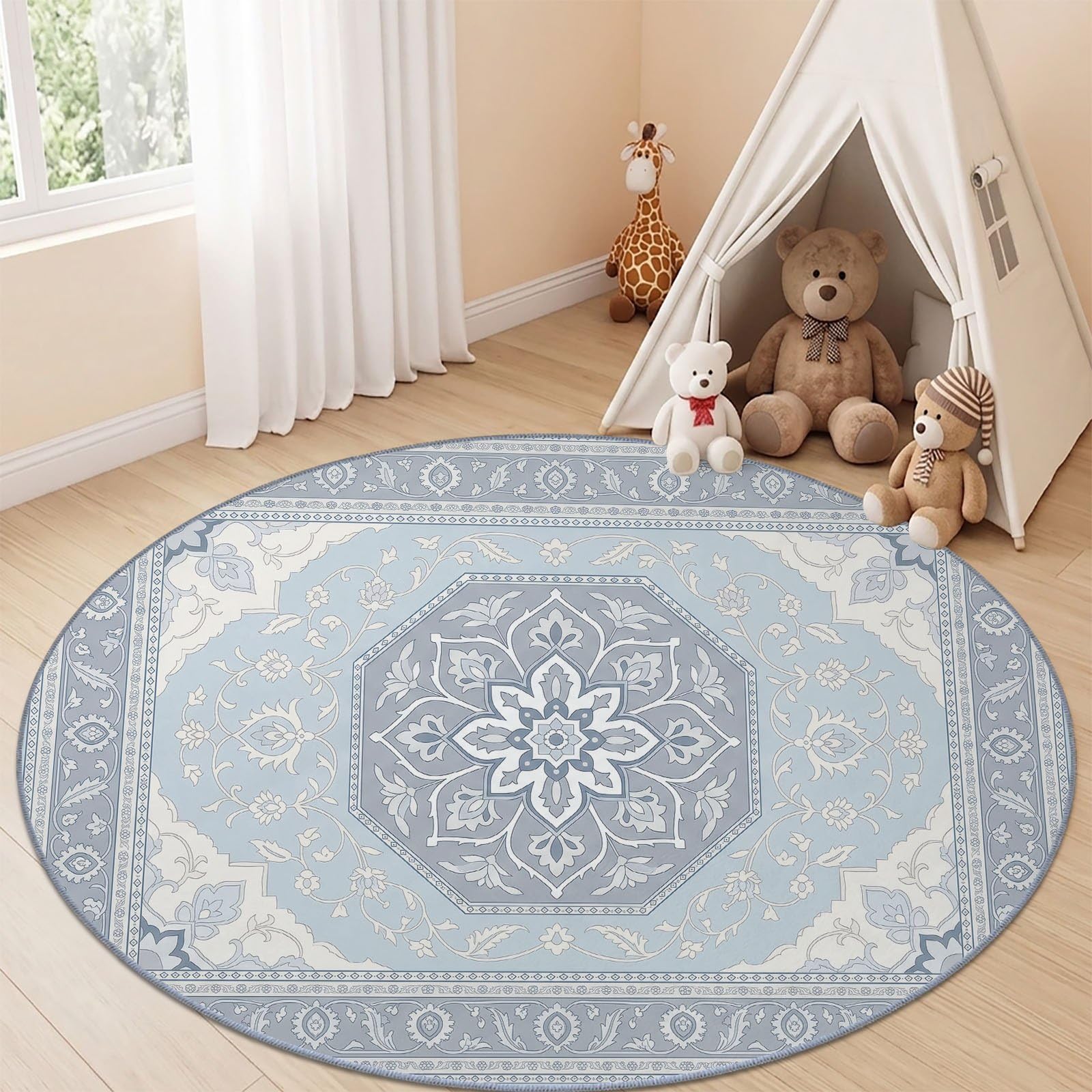 Tappeto rotondo bohemien, tradizionale 120 cm, motivo geometrico, motivo floreale, lavabile in lavatrice, per soggiorno, blu, grigio, antiscivolo, pelo corto, tappeto rotondo stampato per la cameretta