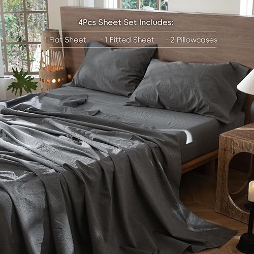 Miniatura 2 de MooMee - Juego de sábanas 100% algodón lavado, textura parecida al lino, transpirable, duradero, suave y cómodo (color gris oscuro, tamaño king)