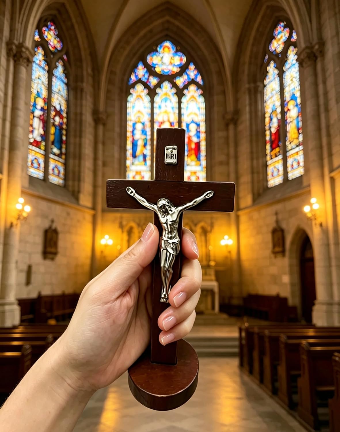 Christian Wooden Cross for Tabletop Display, 7.2 Inch Premium Small Handheld Prayer Cross with Stable Base, Spiritual Religious Gift for Christmas Baptism Altar Church Home Room Decor