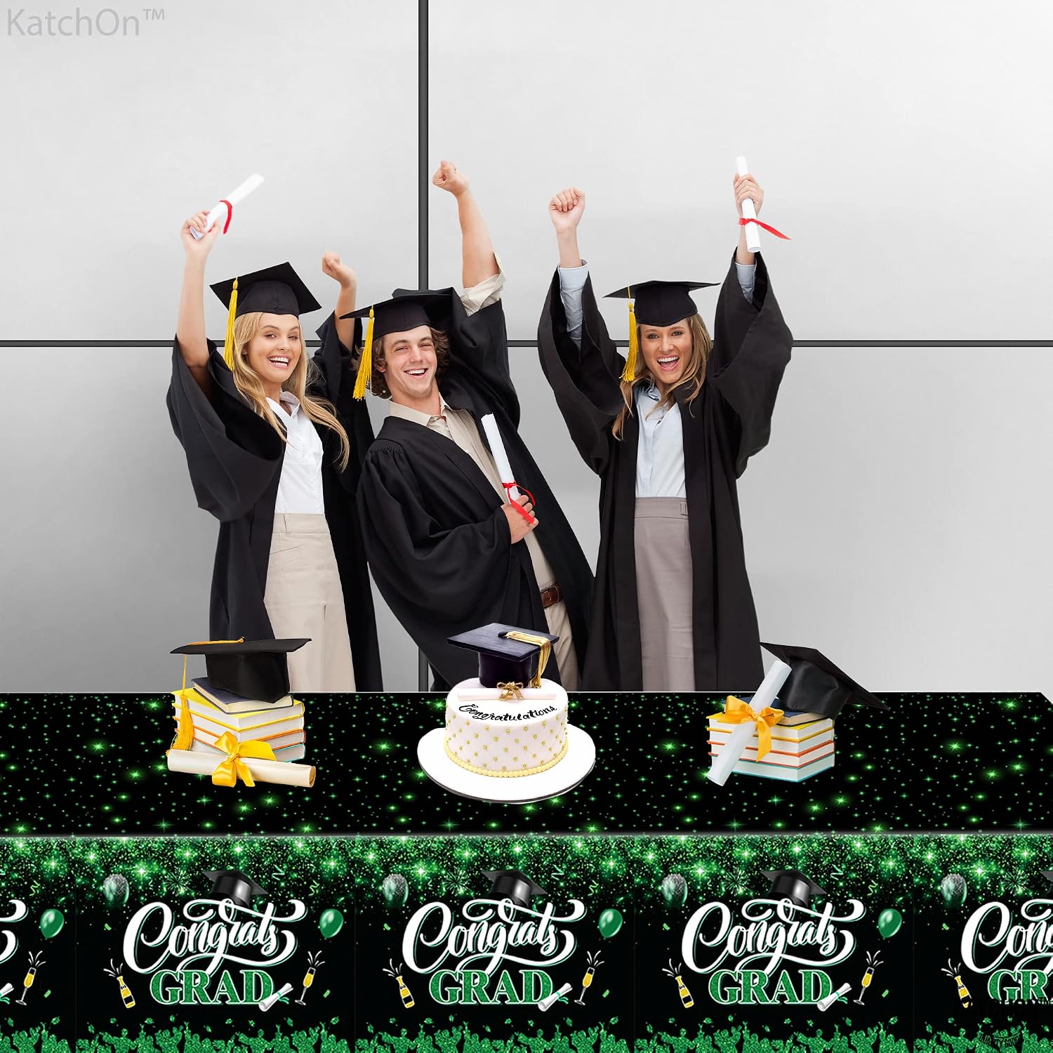 KatchOn, Green and Black Graduation Tablecloth - XtraLarge 108x54 Inch, Pack of 3 | Glitter Graduation Cap Garland - No DIY, 9 String, 6.5 Feet | Graduation Decorations 2026 | Graduation Party Decor