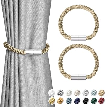 NICEEC 2 Pack Mini Magnetic Curtain Tiebacks Modern Simple Style Drape Tie Backs Elegant Decorative Weave Rope Curtain Holdbacks for Home & Office Thin Window Draperies Khaki