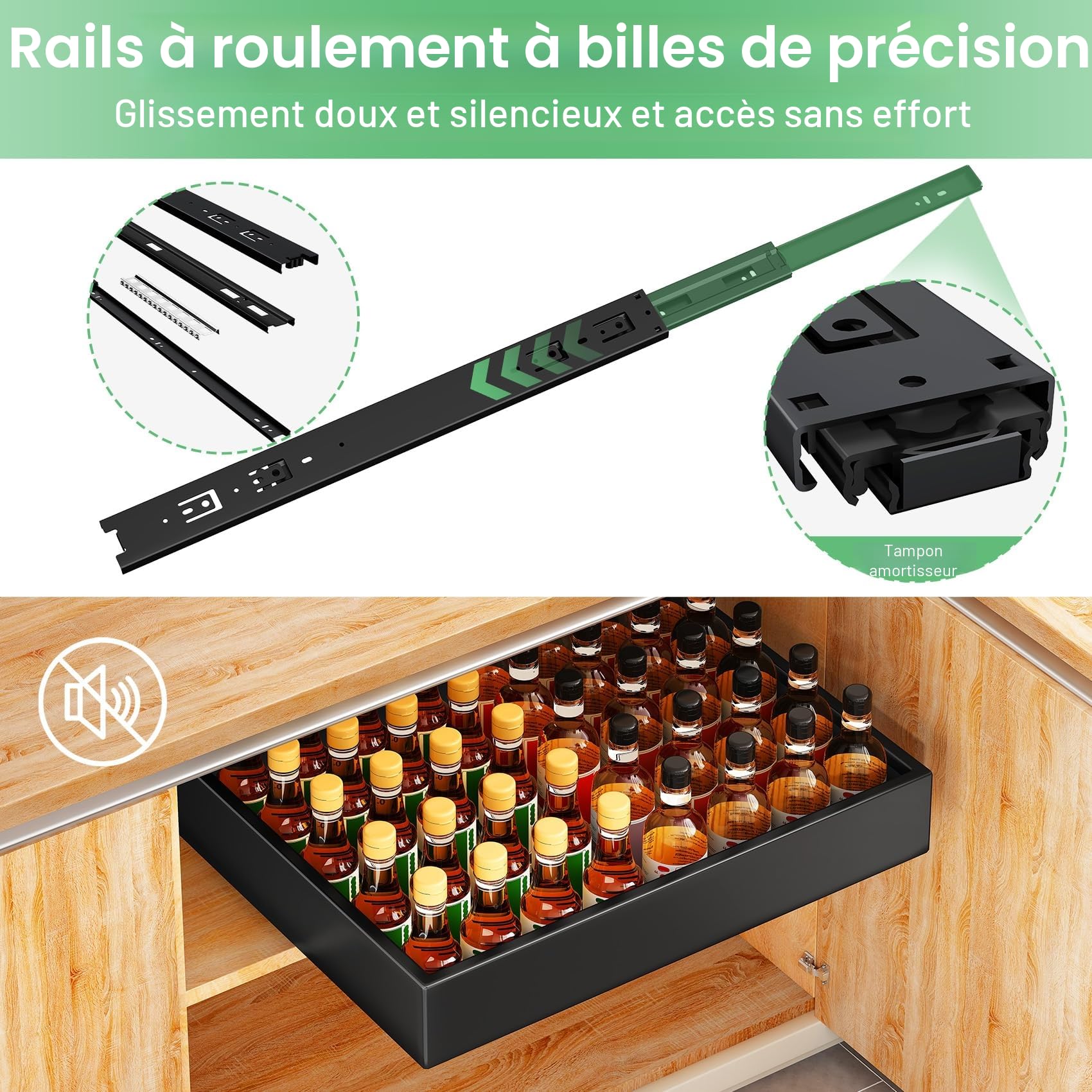 SAYZH Tiroir Coulissant Telescopique Cuisine pour Placard de Cuisine, Tiroir Coulissant Extensible, (43Profondeur x 25Largeur x 9Hauteur cm), pas Besoin de Percer ni de Clouer, Noir