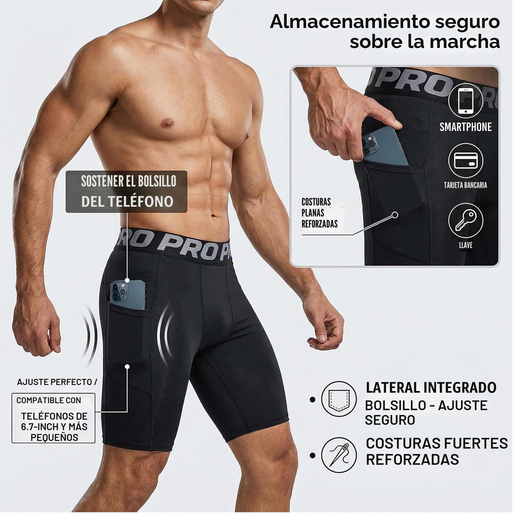 YUSHOW 3 Piezas Pantalones Cortos de Compresion Hombre Mallas Cortas Running con Bolsillo Deportes Secado Rápido Atlético Gym
