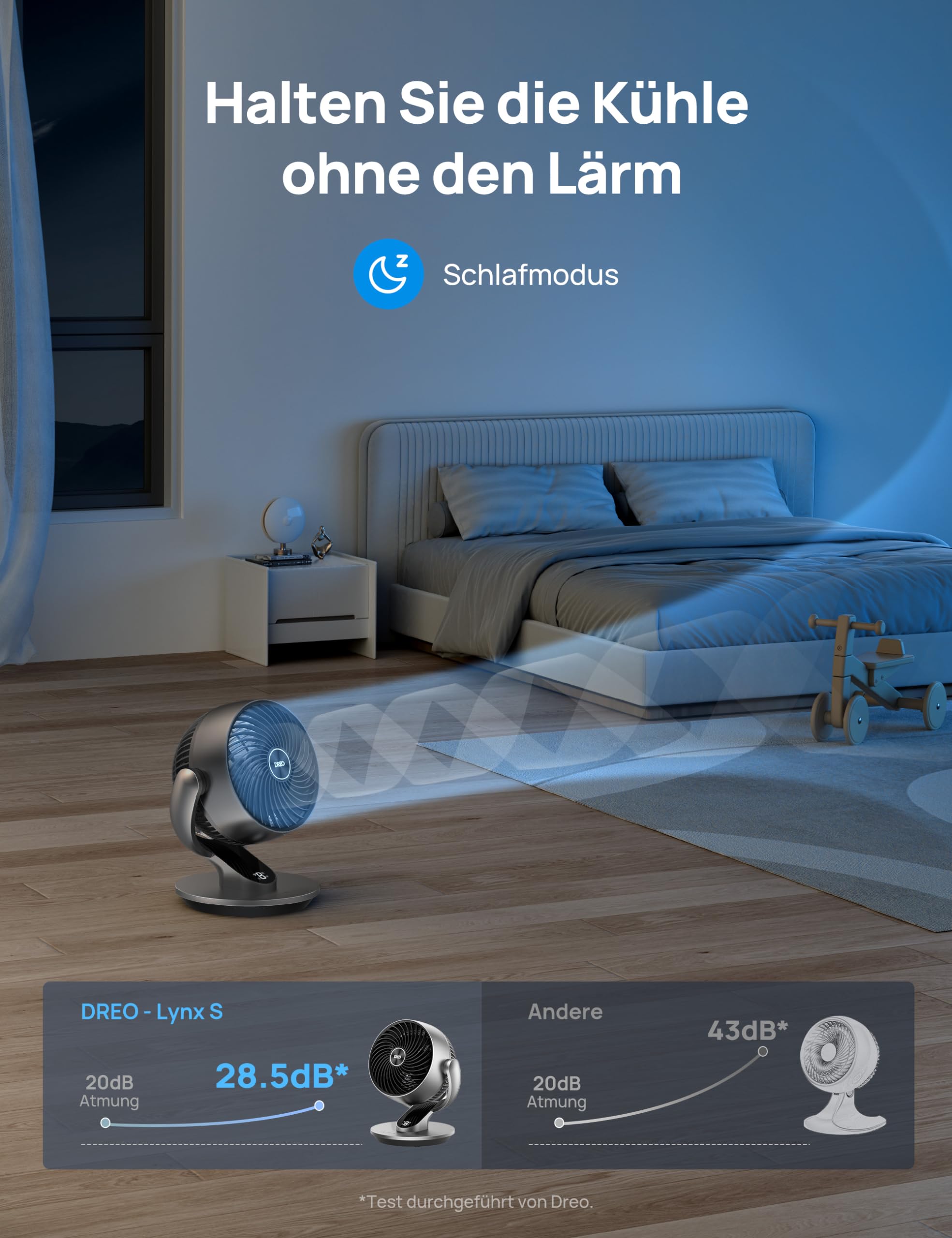 DREO 28dB Leiser Smart Tischventilator für Schlafzimmer Büro, Ventilator mit Fernbedienung Kühlung 21M Windentfernung 4-Geschwindigstufe 5 Modi 12H Timer 90° Auto 120° Manuell oszillierend, Lynx S