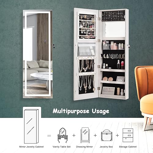 Miniatura 8 de NAFORT Armario de joyerÃ­a con espejo LED de longitud completa, armario de joyerÃ­a con cerradura con espejo, espejo de joyerÃ­a montado en la