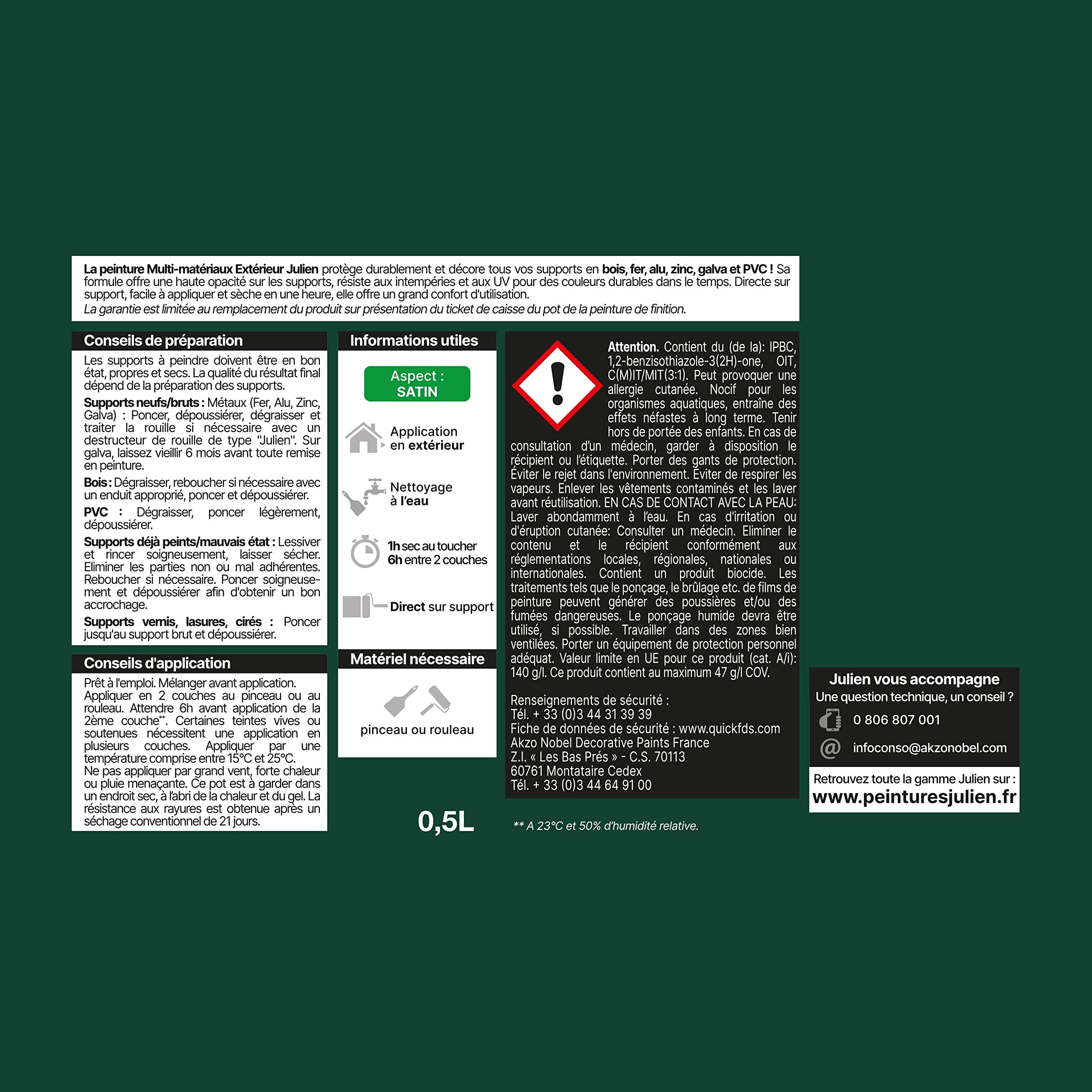 Julien Peinture Multi-Matériaux Satin en phase Aqueuse - Bois, Fer, Alu, PVC, Zinc, Acier galvanisé, brut ou peint - Vert Basque 0,5 L