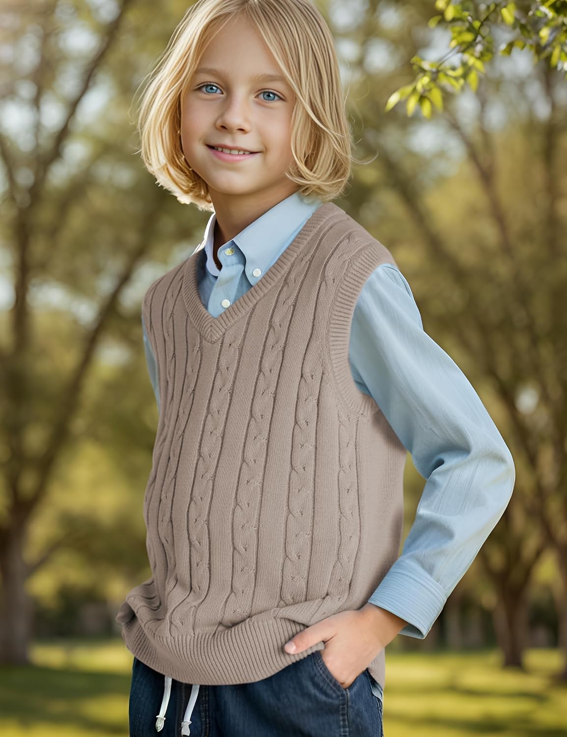 BOBOYOYO Boys Sweater Vest Unisex Cable Knit 100% Cotton Toddler Uniform Vest for Little Big Teenage Boy Girls Childrens Kids - Image 5