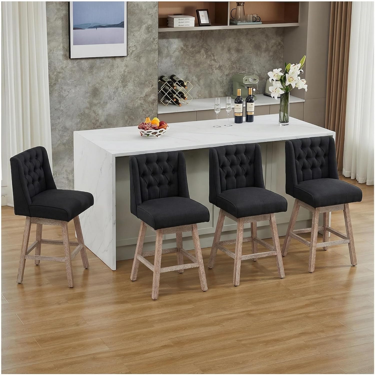 Counter Height Bar Stools Set of 3, 360°Swivel Bar Stools with Back and Wood Legs, 28.5" Morden Linen Fabric Upholstered Barstools for Kitchen Island Dining Room Bar