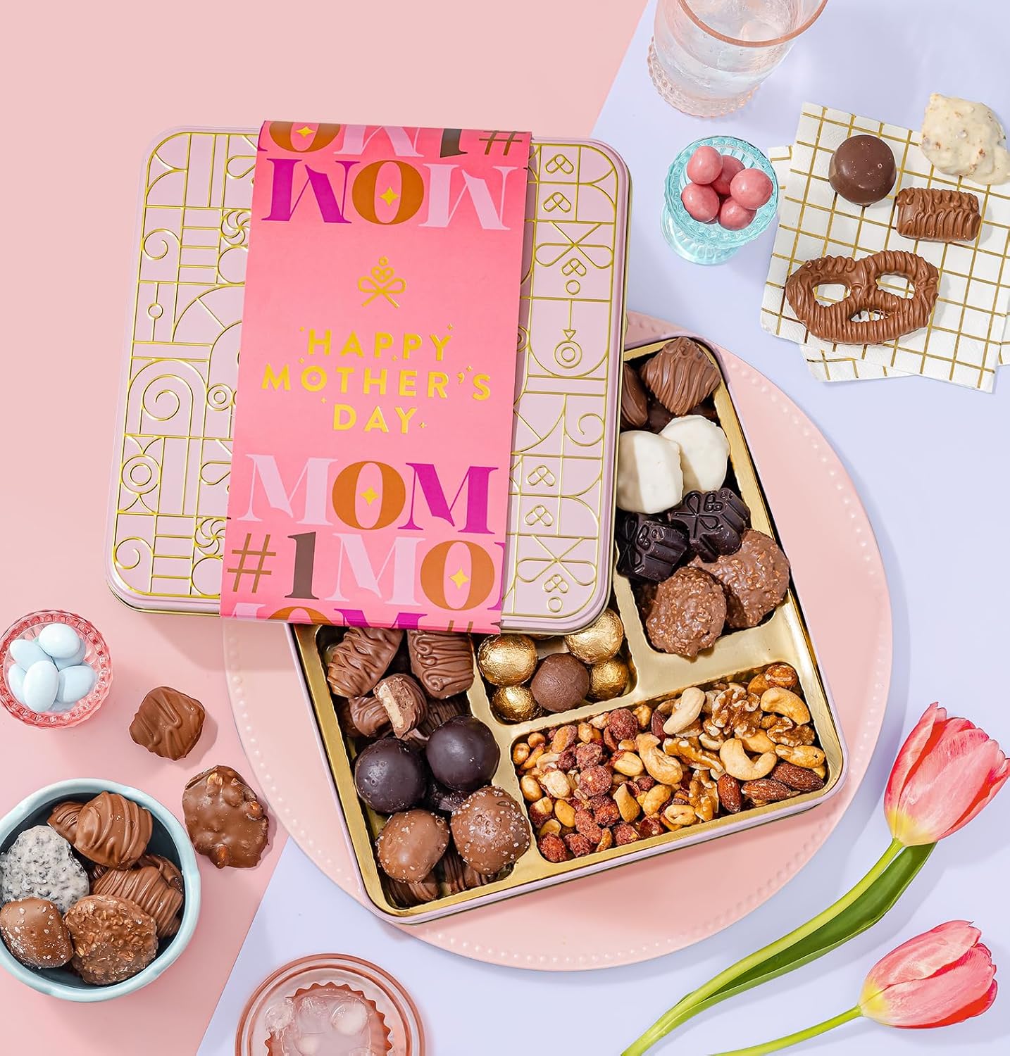 Mothers Day Day Gift Basket, Chocolate and Nut Snack Box for Men and Women, For Mom, Women, Her, Wife, Mother, Romantic, Bonnie and Pop