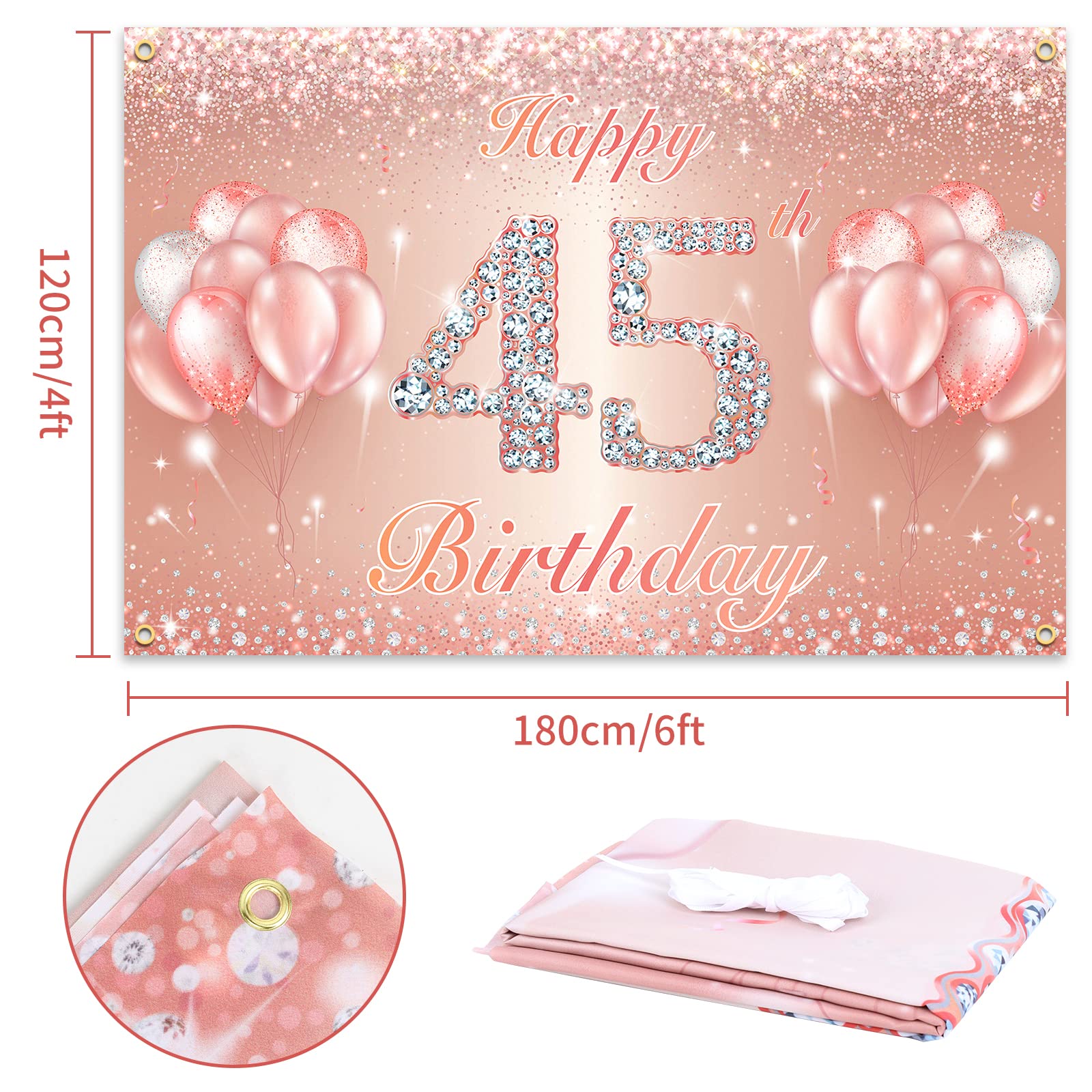 Baner "Happy 45th Birthday" tło - 45 dekoracje na przyjęcie urodzinowe materiały dla kobiet lub mężczyzn - różowe złoto 1,2 x 1,8 m