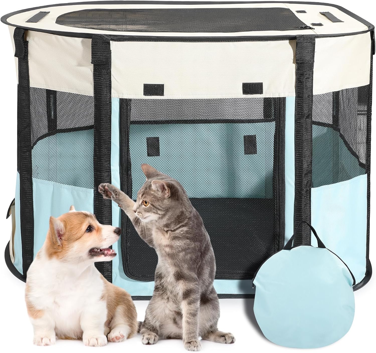 Portable Cat Playpen, Foldable Indoor Outdoor Cat Enclosure, Pet Tent for Kittens and Small Animals, Collapsible Tent Kennel Cage House with Tent Pegs and Carry Bag