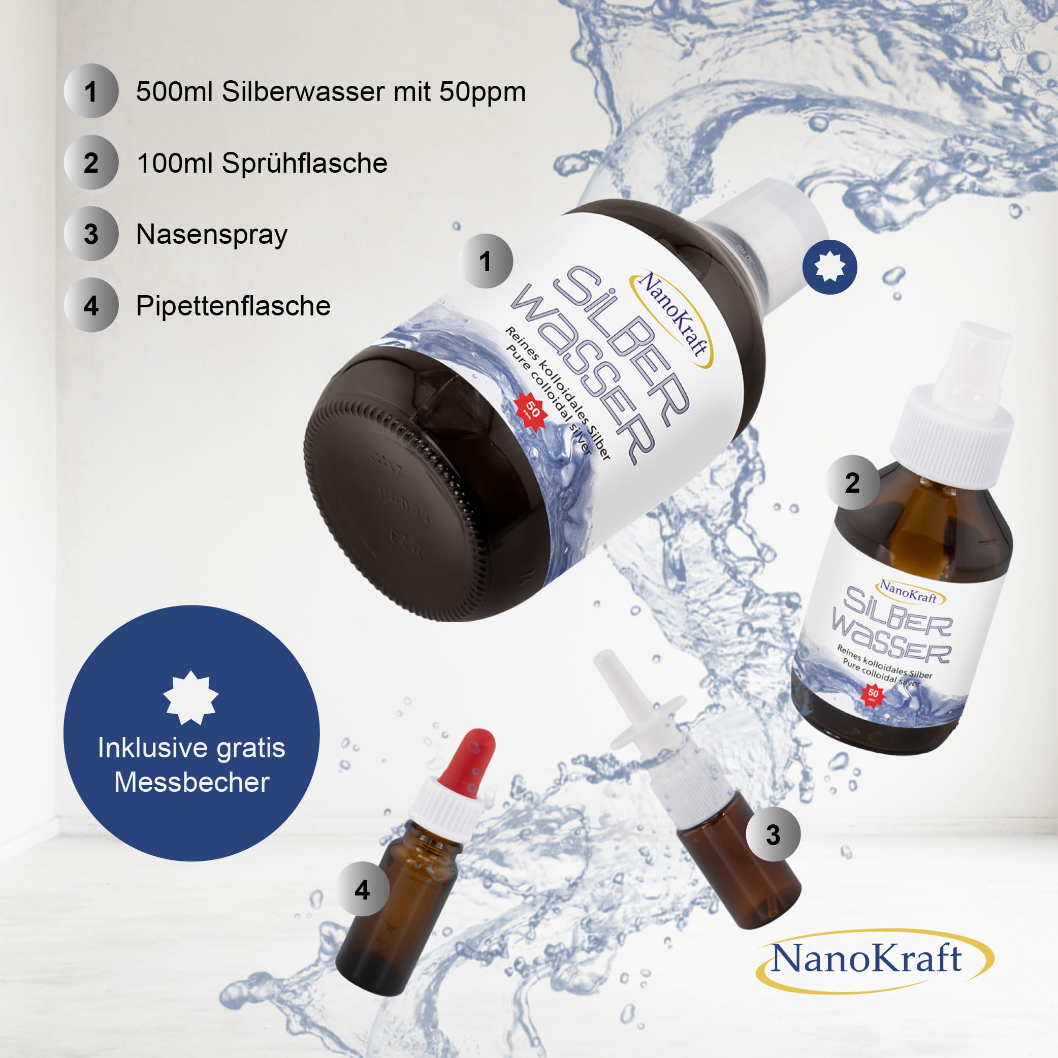 Argento colloidale 500 ml / 50 ppm Acqua argentata con flacone spray incluso Flacone spray nasale Bottiglia pipetta Misurino Alta concentrazione Migliore efficacia Made in Austria…