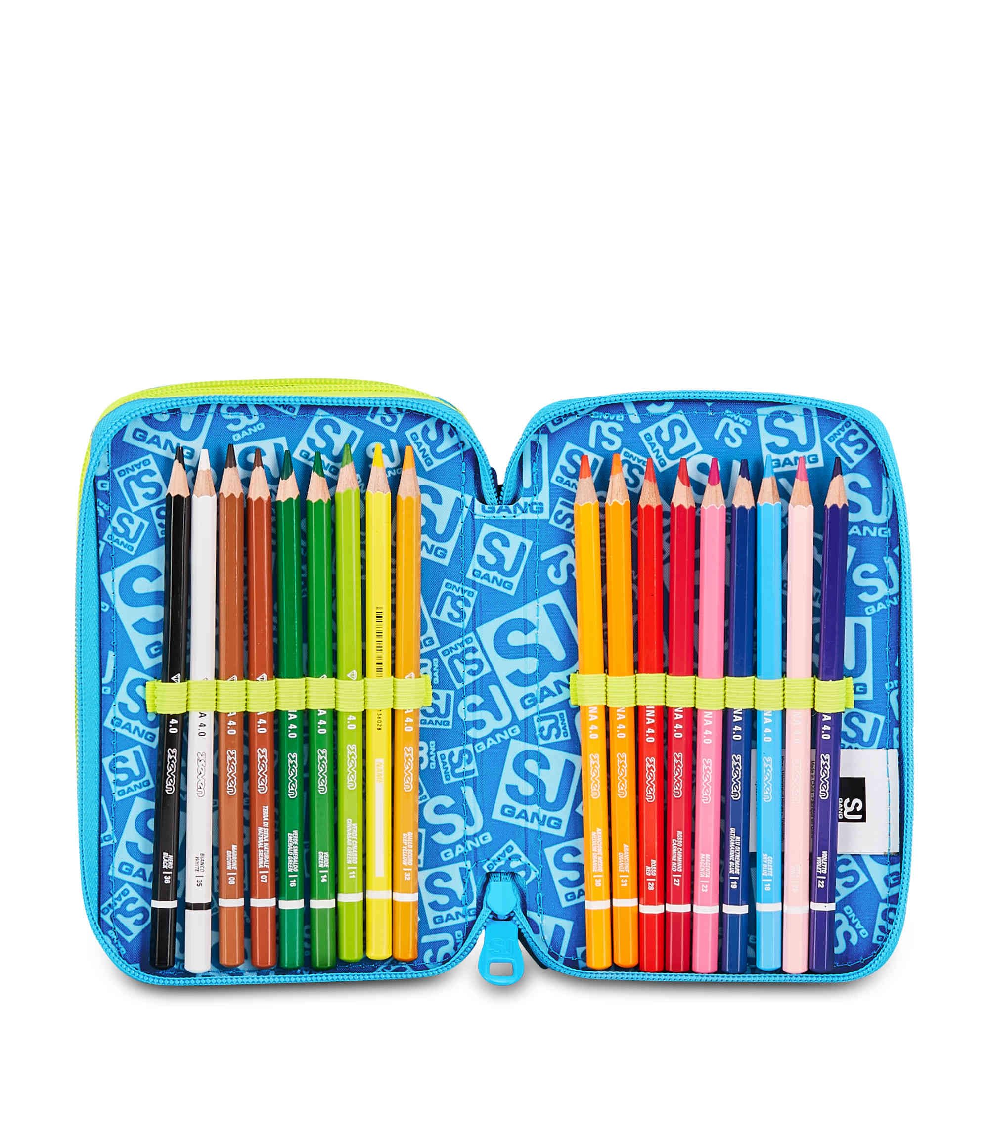 SJ GANG STYLE JAM GANG Astuccio Scuola 3 Zip 3D GLOWGAME, Blu, Triplo Scomparto, Scocca con pallone da calcio in rilievo, Portapenne Attrezzato, 45 pezzi, Accessori Zaino, Scuola elementare, Bambino