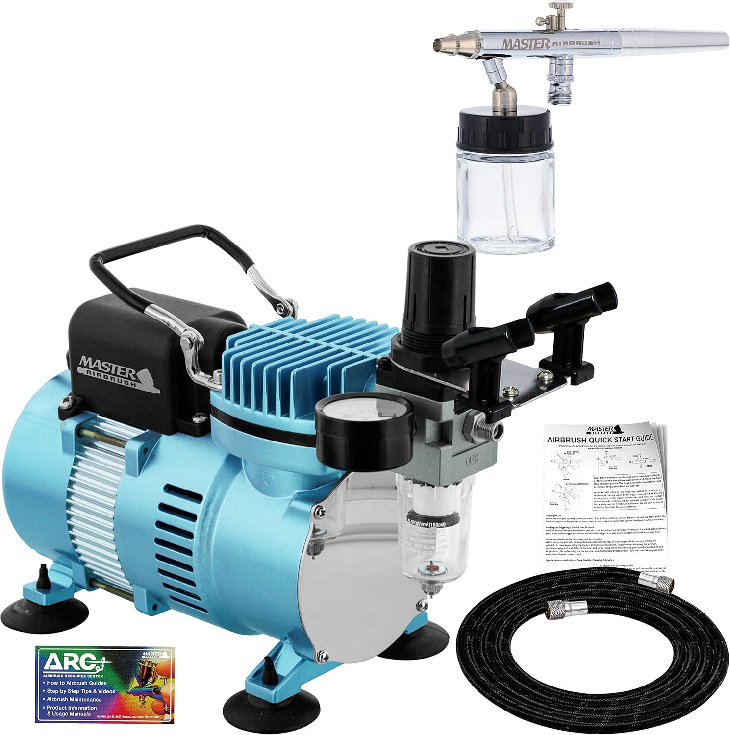 Master Airbrush Multi-Purpose Airbrushing System Kit with Siphon Feed Dual-Action Airbrush 0.35 mm Tip, 3/4 oz Fluid Cup, Pro 1/5 hp Cool Runner II Dual Fan Air Compressor - Hose, Holder, How To Guide
