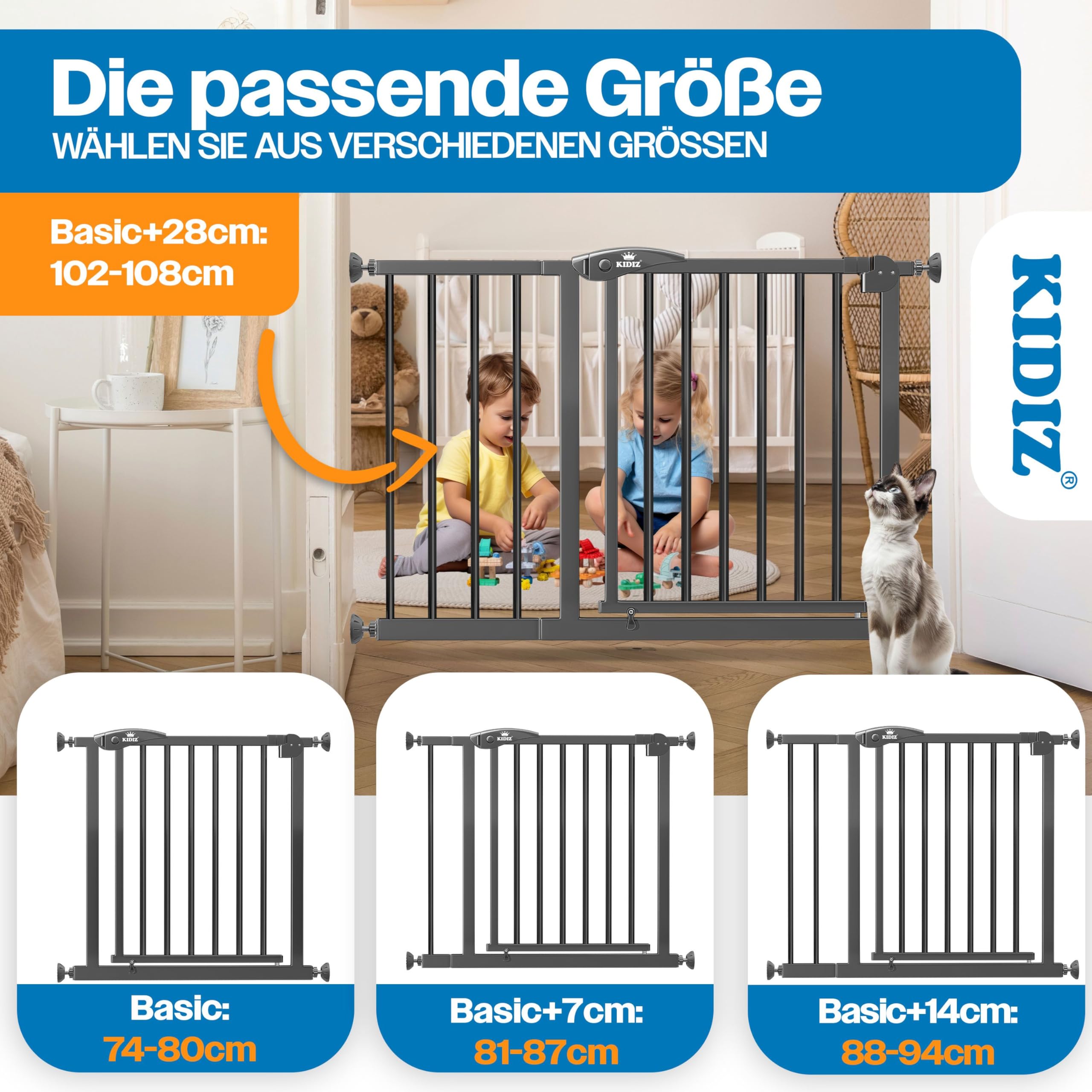 KIDIZ Treppenschutzgitter ohne Bohren 88-94 cm 75 cm hoch Anthrazit
