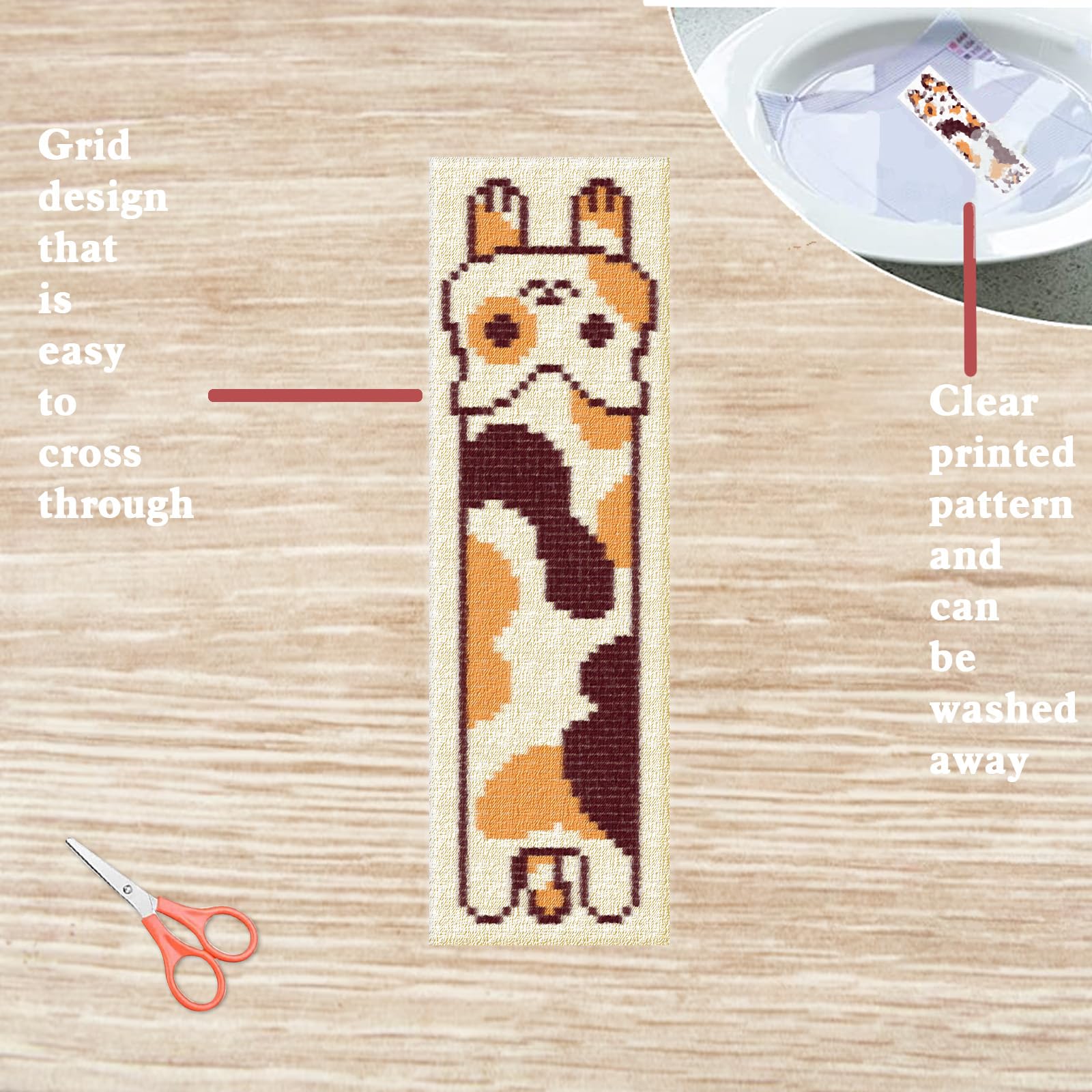 FREEBLOSS 6 Set Cross Stitch Bookmark Kit Stamped Cross Stitch Kit Orange Cats Theme Embroidery Set including Instruction for Adults 8''*2.4'' - Image 3