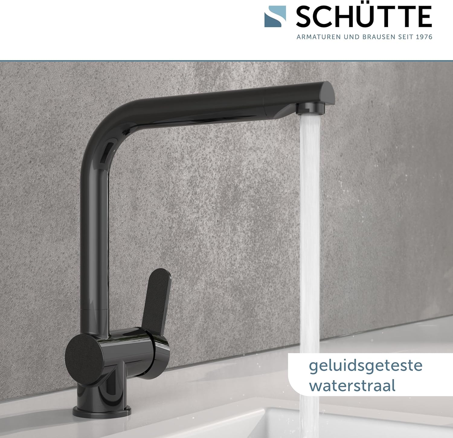 Schütte RIO Kitchen Faucet with water flowing, highlighting quiet operation