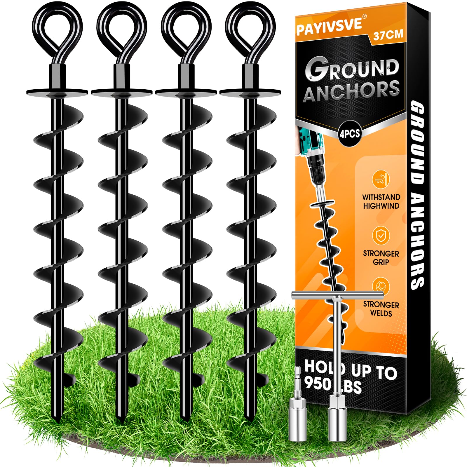 Schwerlast Bodenanker 4 Pack,Robust voll verschraubter Erdanker zur Befestigung von Trampolinen, Vordächern, Schaukeln usw