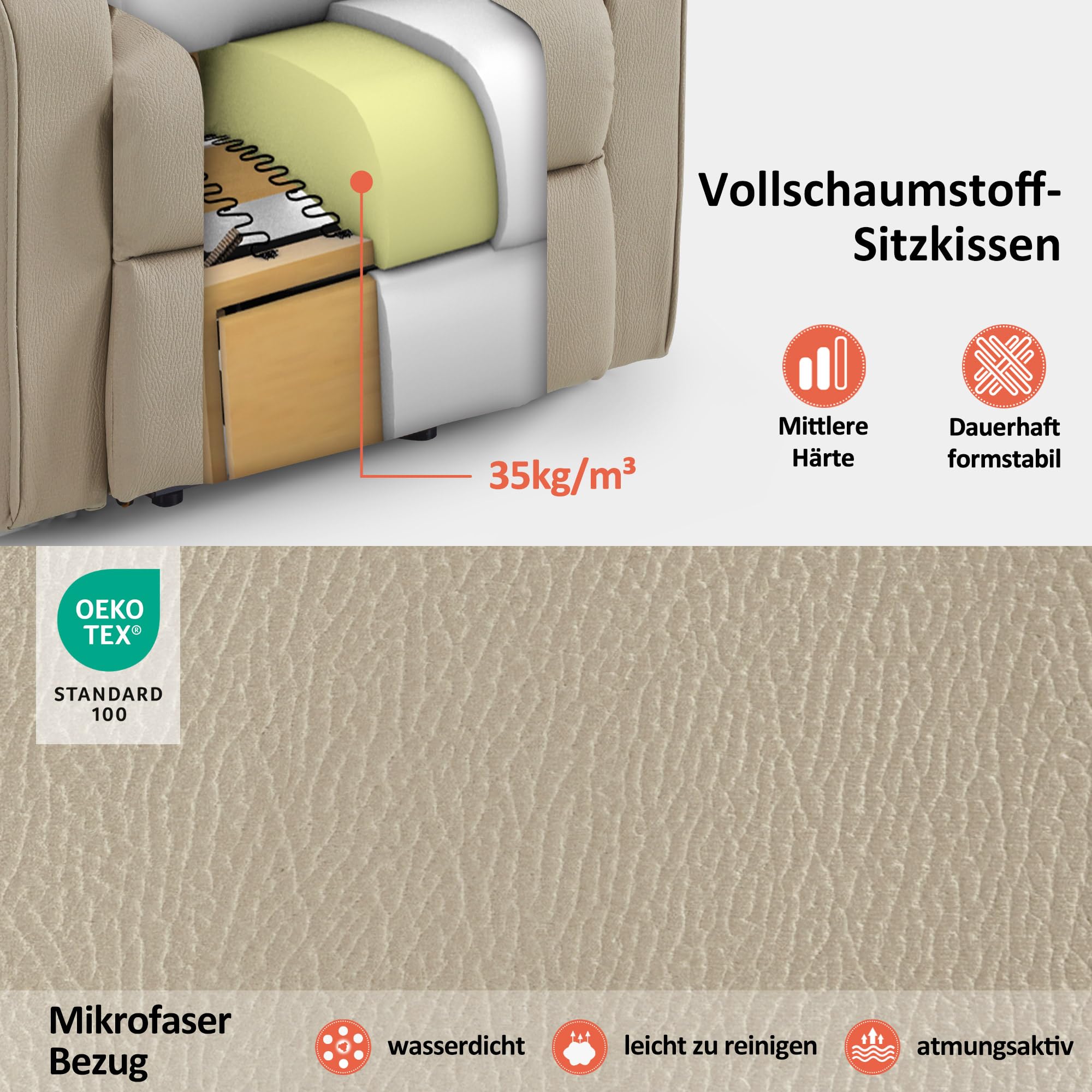 M MCombo Sillón TV 4 Motores con Ayuda para levantarse, eléctrico, Soporte Lumbar y reposacabezas Ajustables, Gravedad Cero 165°, Masaje y calefacción 7558 (Microfibra, Beige marrón)