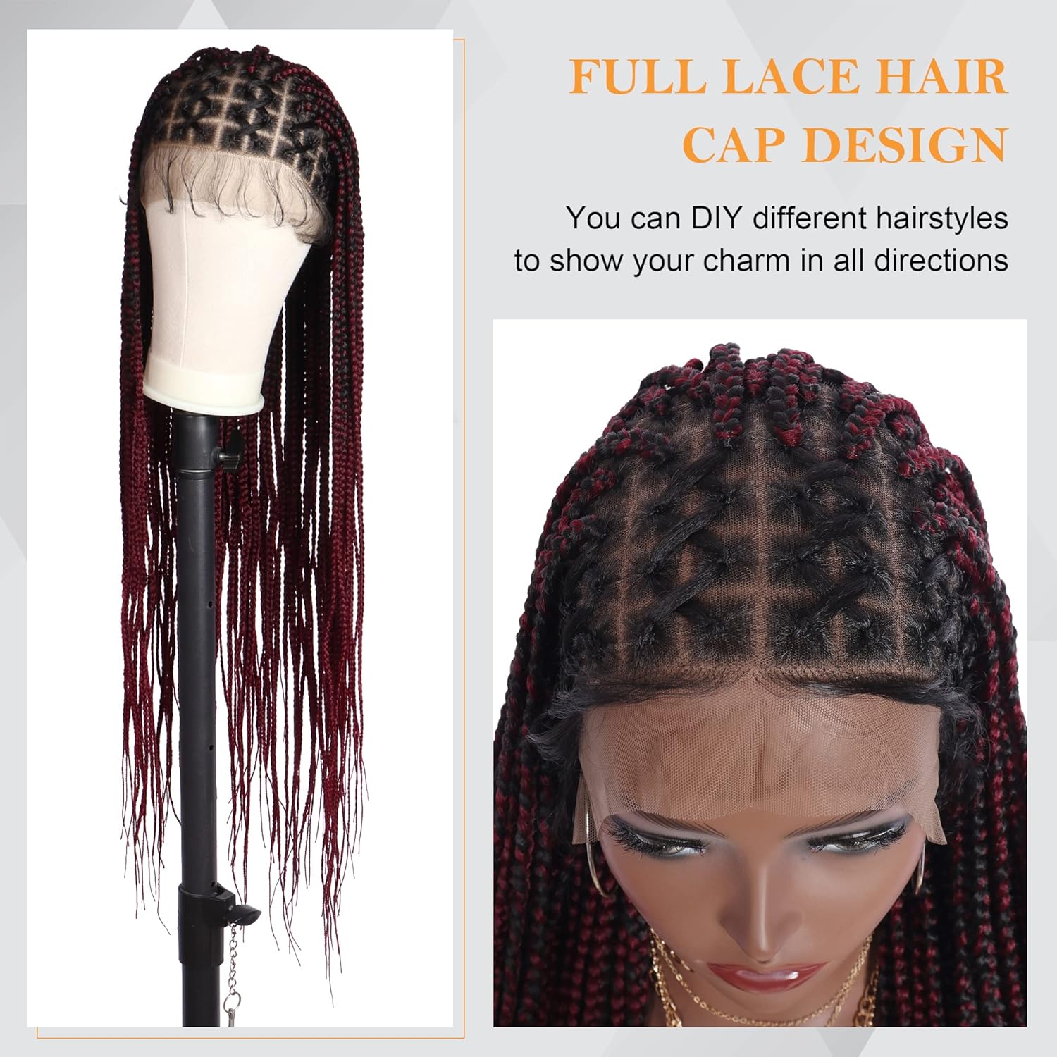 36" Full Lace Criss Cross Knotless Box Braided Wigs for Black Women Knotless Box Braids Lace Front Wig with Baby Hair Lightweight Synthetic Burgundy Cornrow Braided Wigs (1B/BG)
