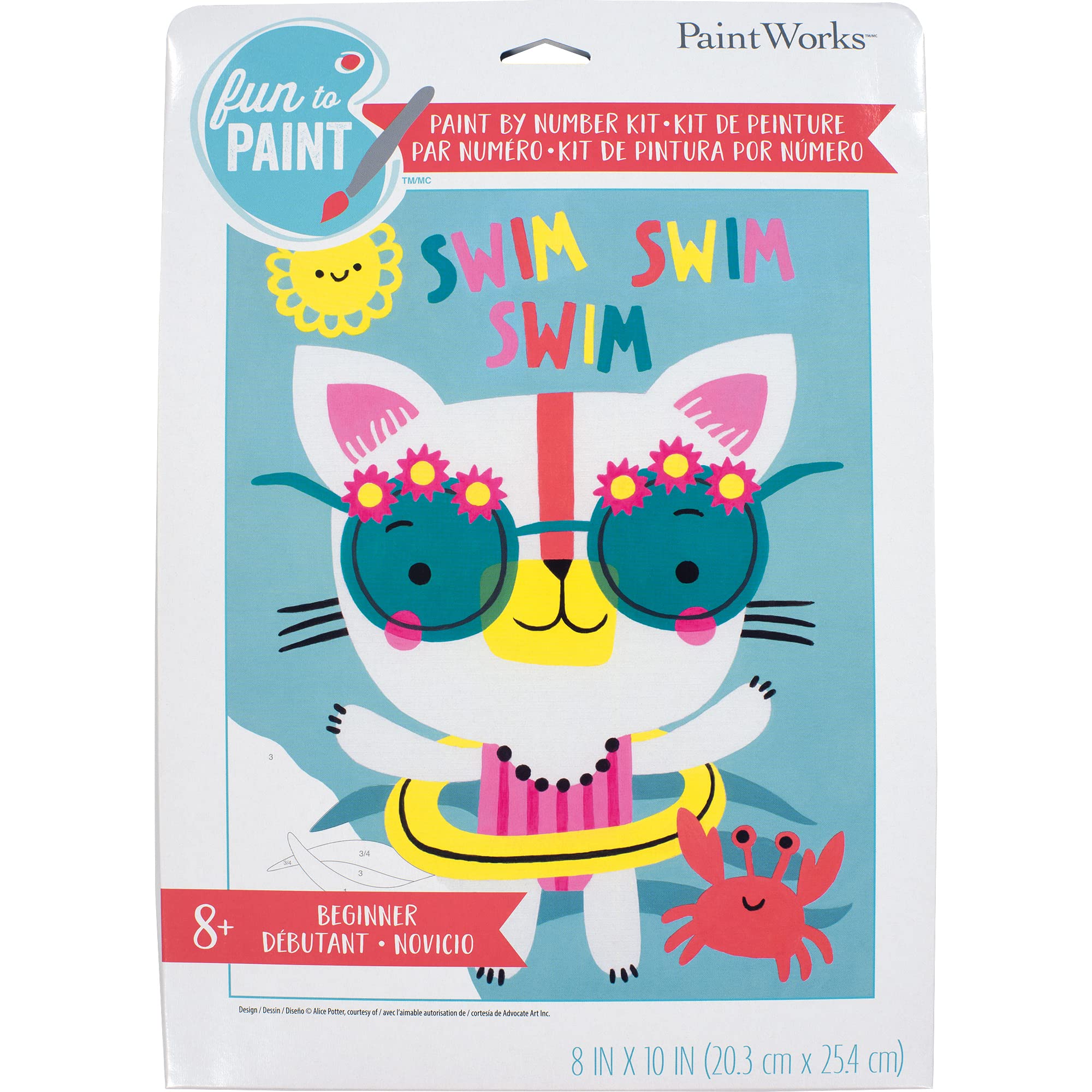 Dimensions PaintWorks Swim Cat Paint by Number Kit for Kids and Adults, Finished Project 8" x 10", Multicolor 9 Piece