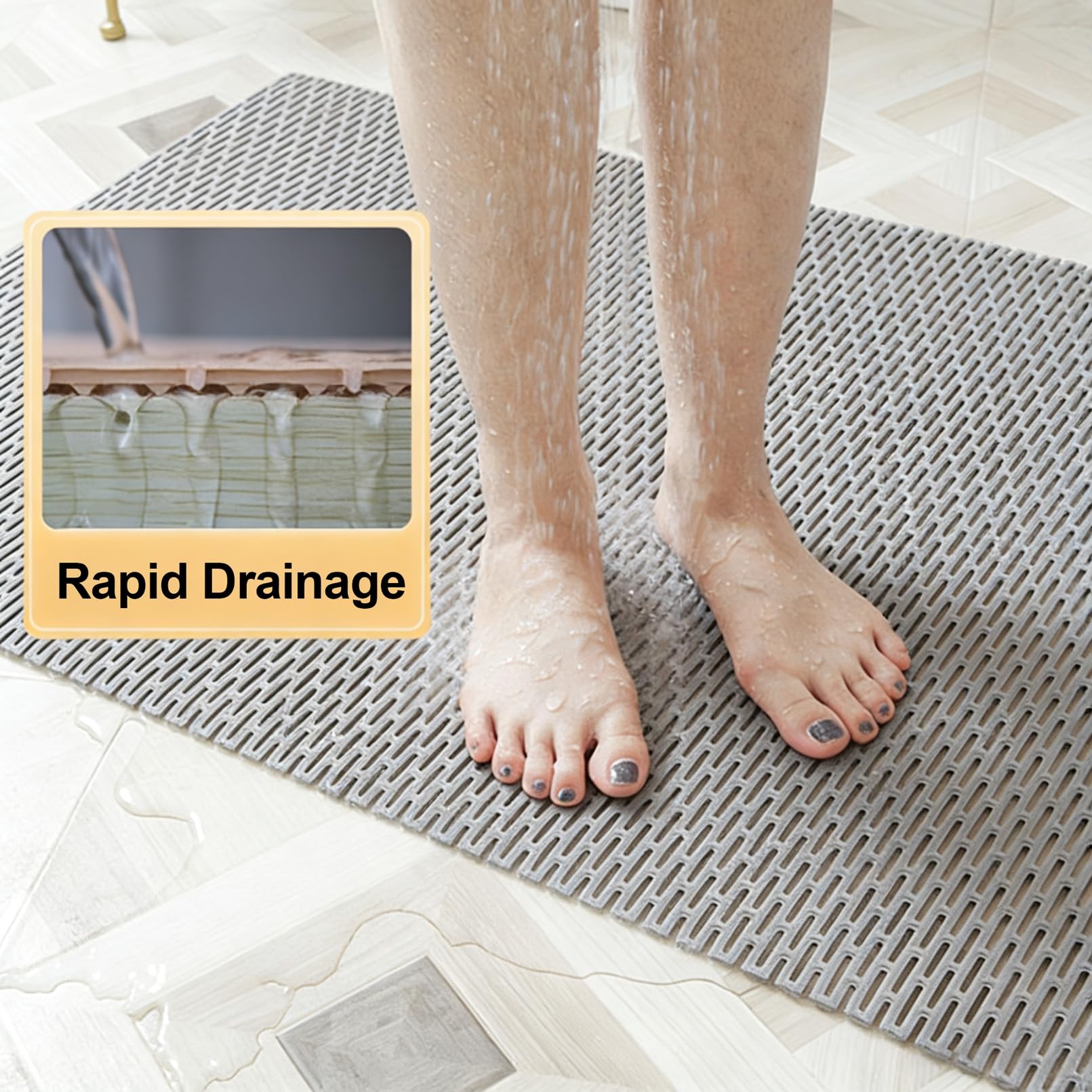 Extra große PVC-Duschmatte, rutschfest, ausgehöhlte Badewannenmatte für Dusche, übergroße rutschfeste Badematten für Innen- und Außendusche, Grau, 88,9 x 149,9 cm