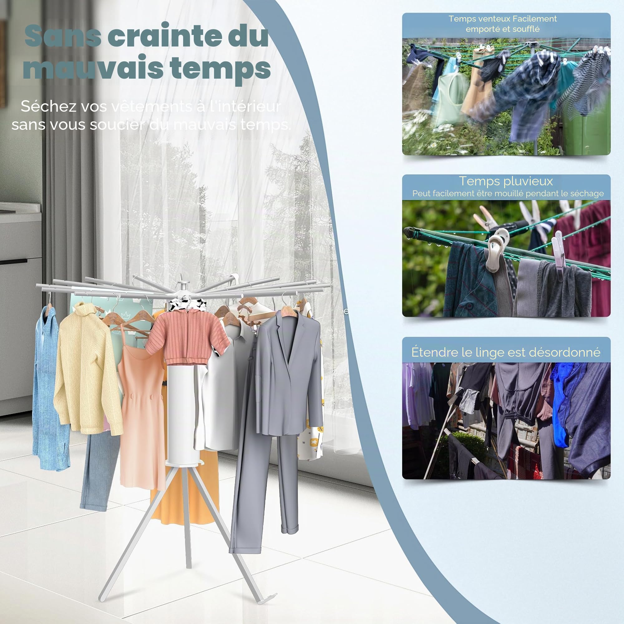 Froadp Séchoir à linge avec 16 barres de séchage en aluminium pliable - Portable - Octopus - Peu encombrant - Pour balcon, chambre à coucher, maison