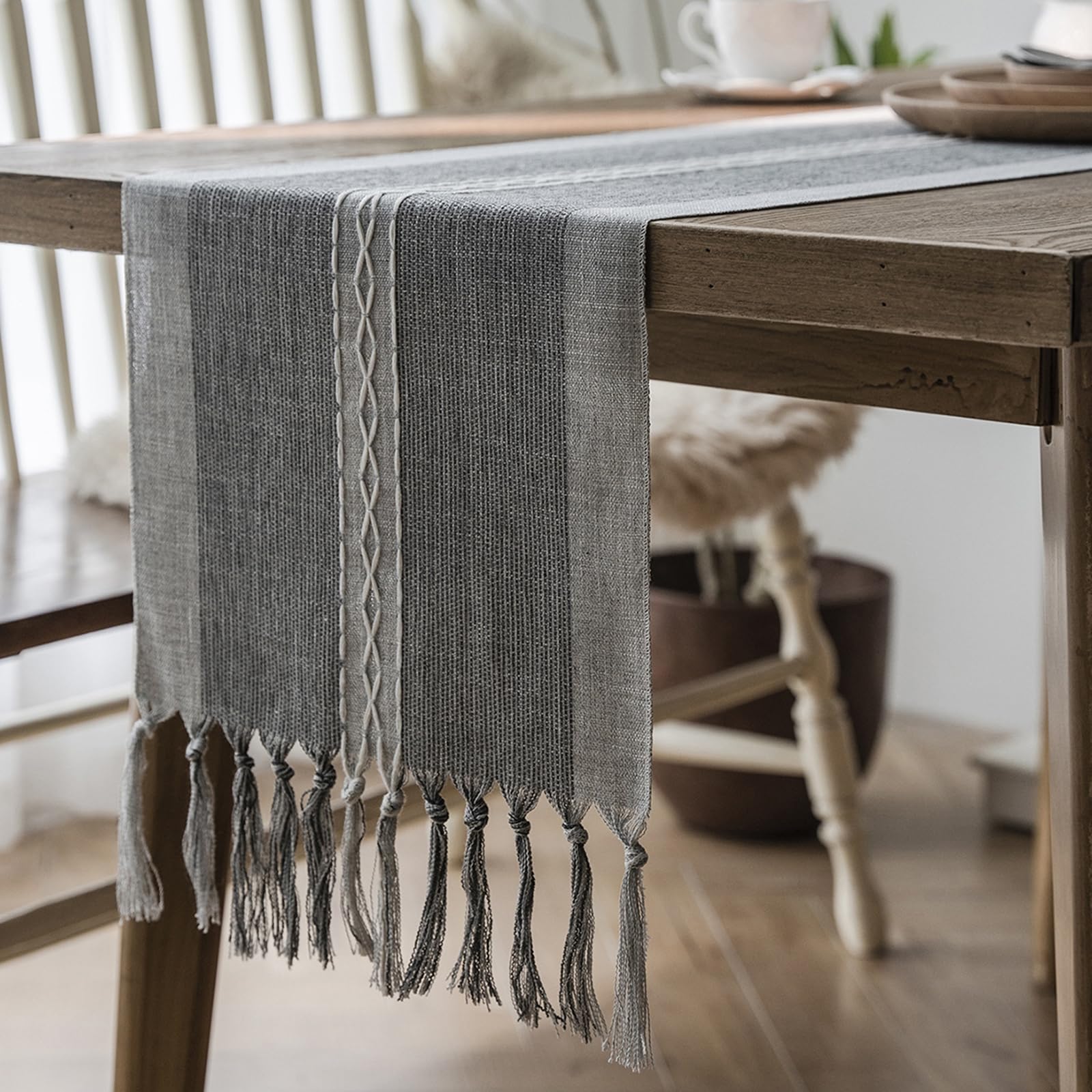 Nowoczesne bieżniki na stół o długości 330 cm, poliester makrama, bieżnik na stół boho, żakardowe paski z frędzlami, na świąteczne przyjęcie herbaciane i do codziennego użytku, szary, 33 x 300