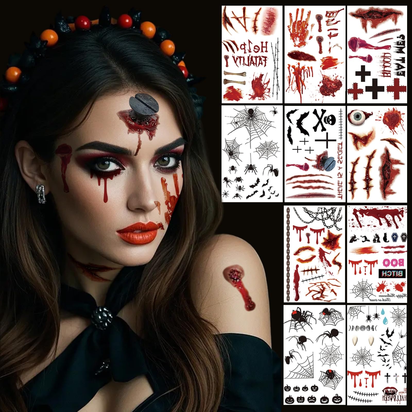 10 Sheet spaventoso Tatuaggio di Halloween, zombie vampiro tatuaggio viso, Halloween donna adulto bambini, zombie vampiro, streghe, accessori per il trucco, cicatrici, ferite,ragni