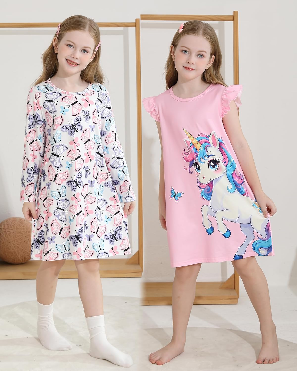 Mikrdoo 2Pcs Girls Nightgowns Kids Pajamas Flutter Sleeves Nightdress Nightie Dress Sleepwear for Toddler Little Girls - Image 2