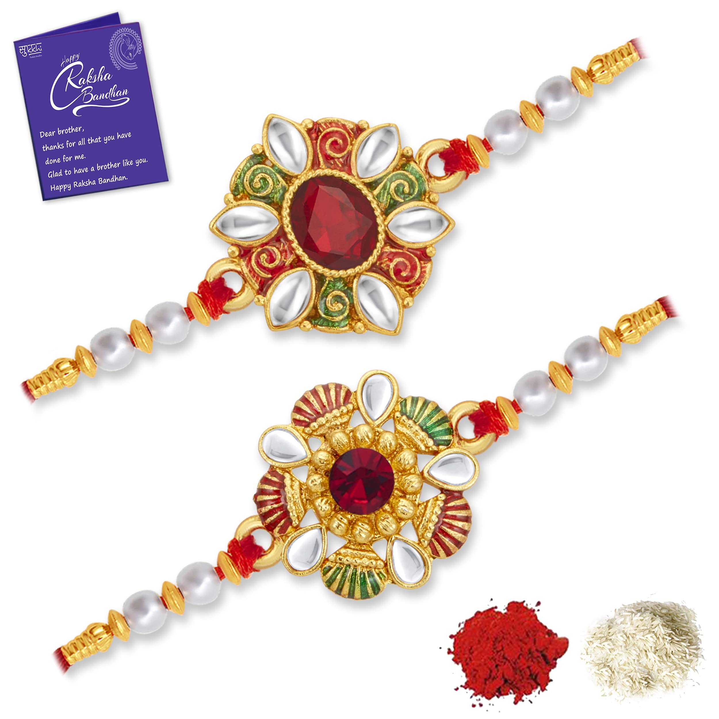 Sukkhi Rakhi Classy Kundan Rakhi Combo & Designer Gold Plated Premium Rakhi for Brother, Roli Chawal & Greeting Card|Rakhi for Bhaiya|Rakhi for MEN|Kundan Rakhi|Rakhi Combo-Set of 2 |CBRAK104551 (B0B63BL9B6) Amazon Price History, Amazon Price Tracker